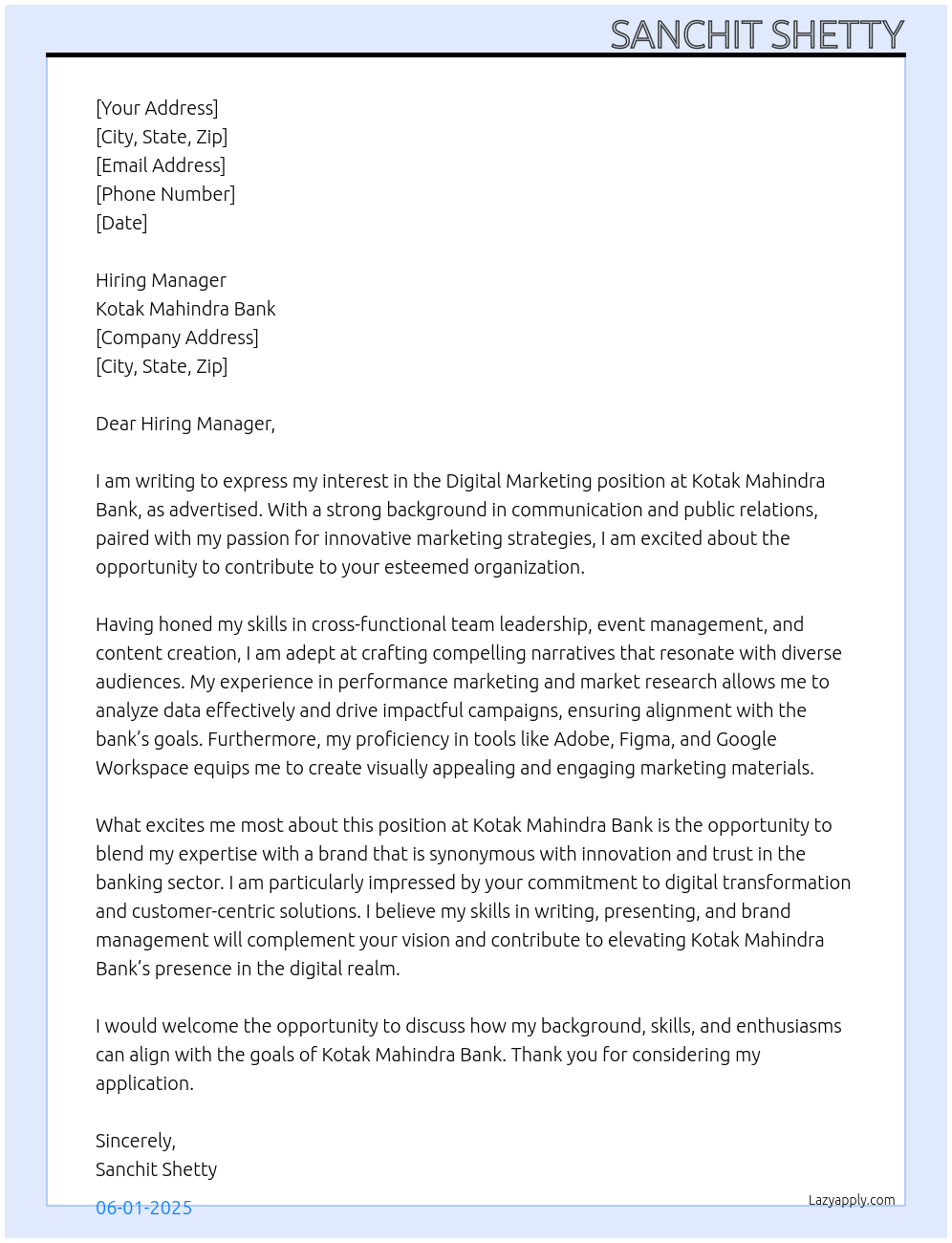 Digital Marketing At Kotak Mahindra Bank Cover Letter