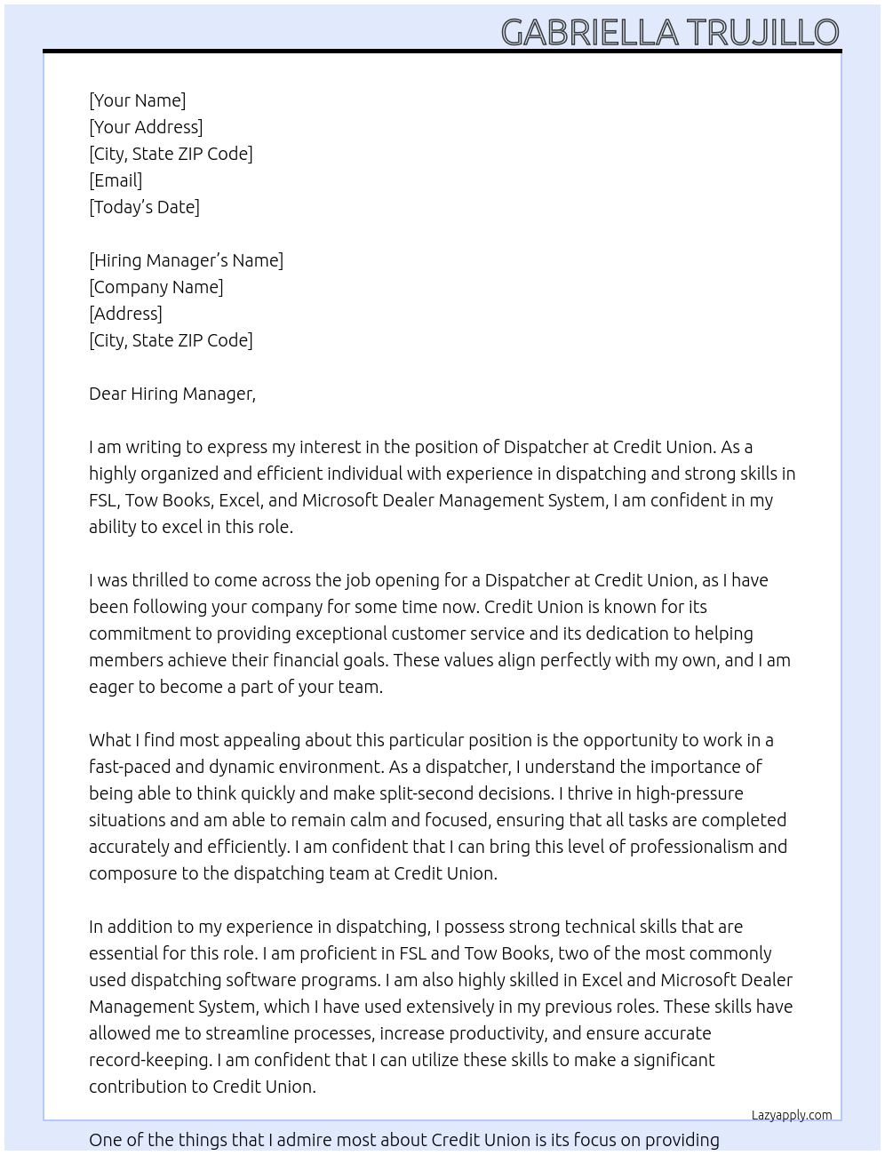 Dispatcher At Credit union Cover Letter