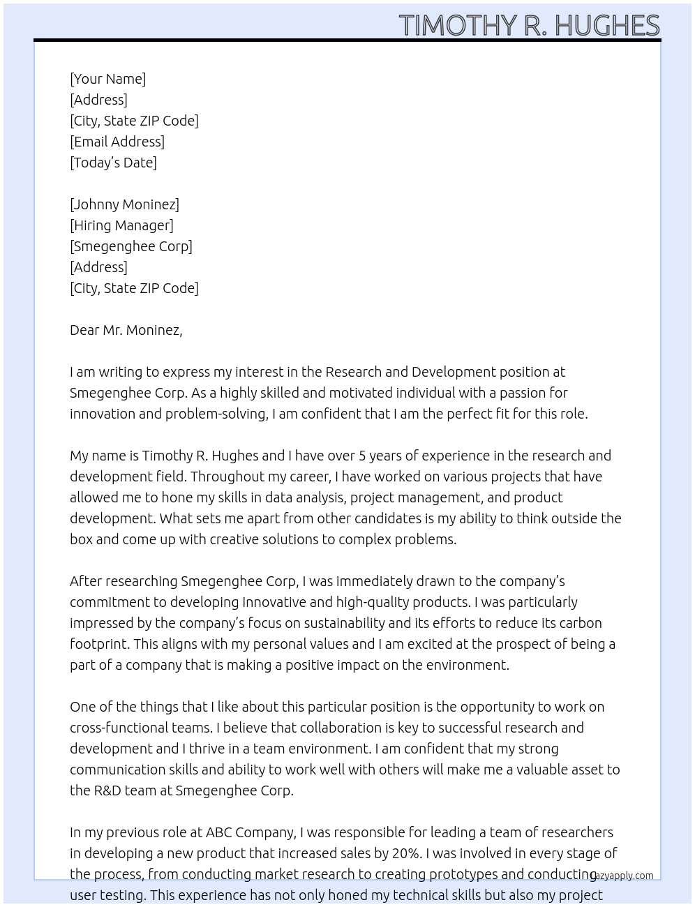 research and development At Smegenghee corp Cover Letter