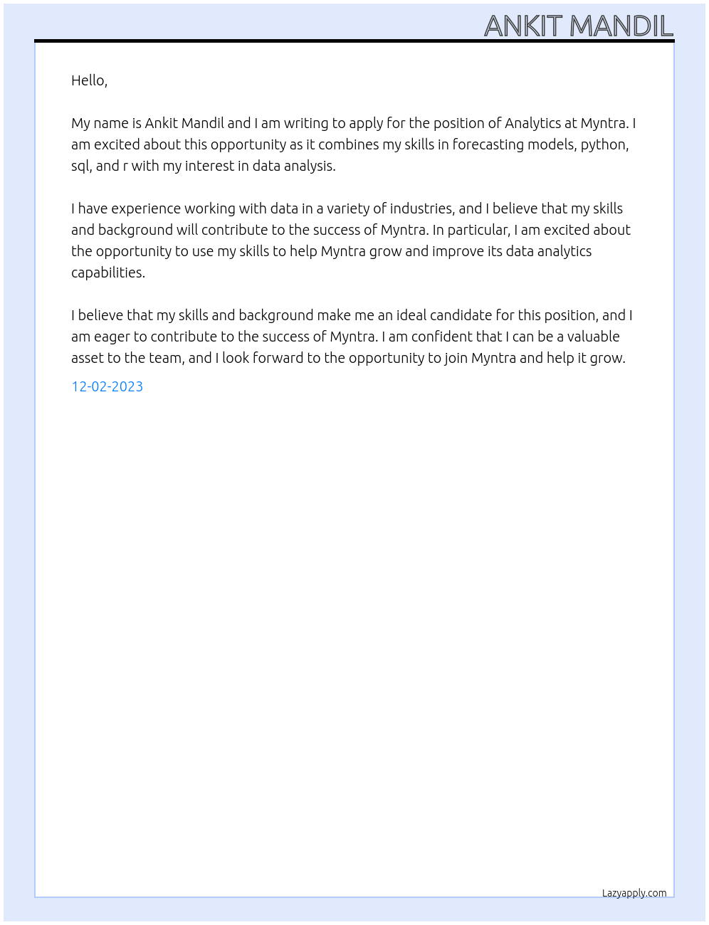 Analytics At Myntra Cover Letter