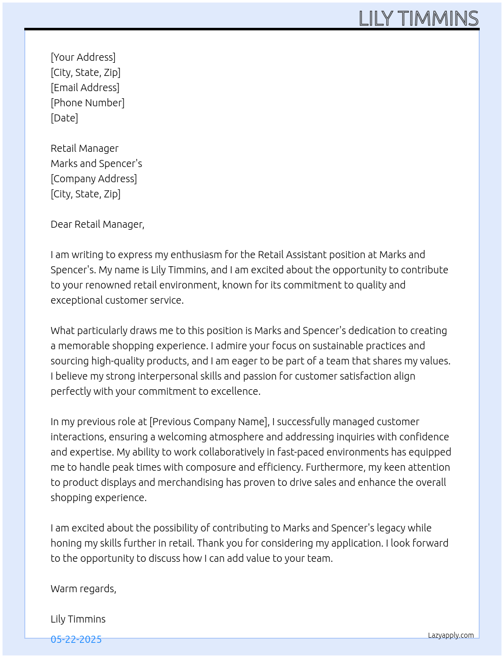 Retail assistant At Marks and Spencer's Cover Letter