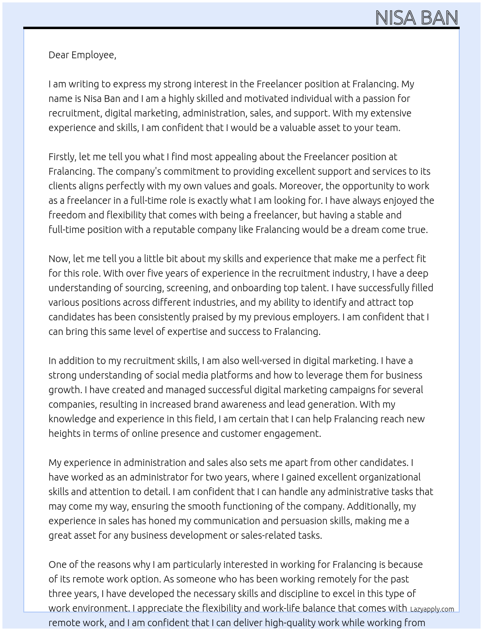 Freelancer At Fralancing Cover Letter