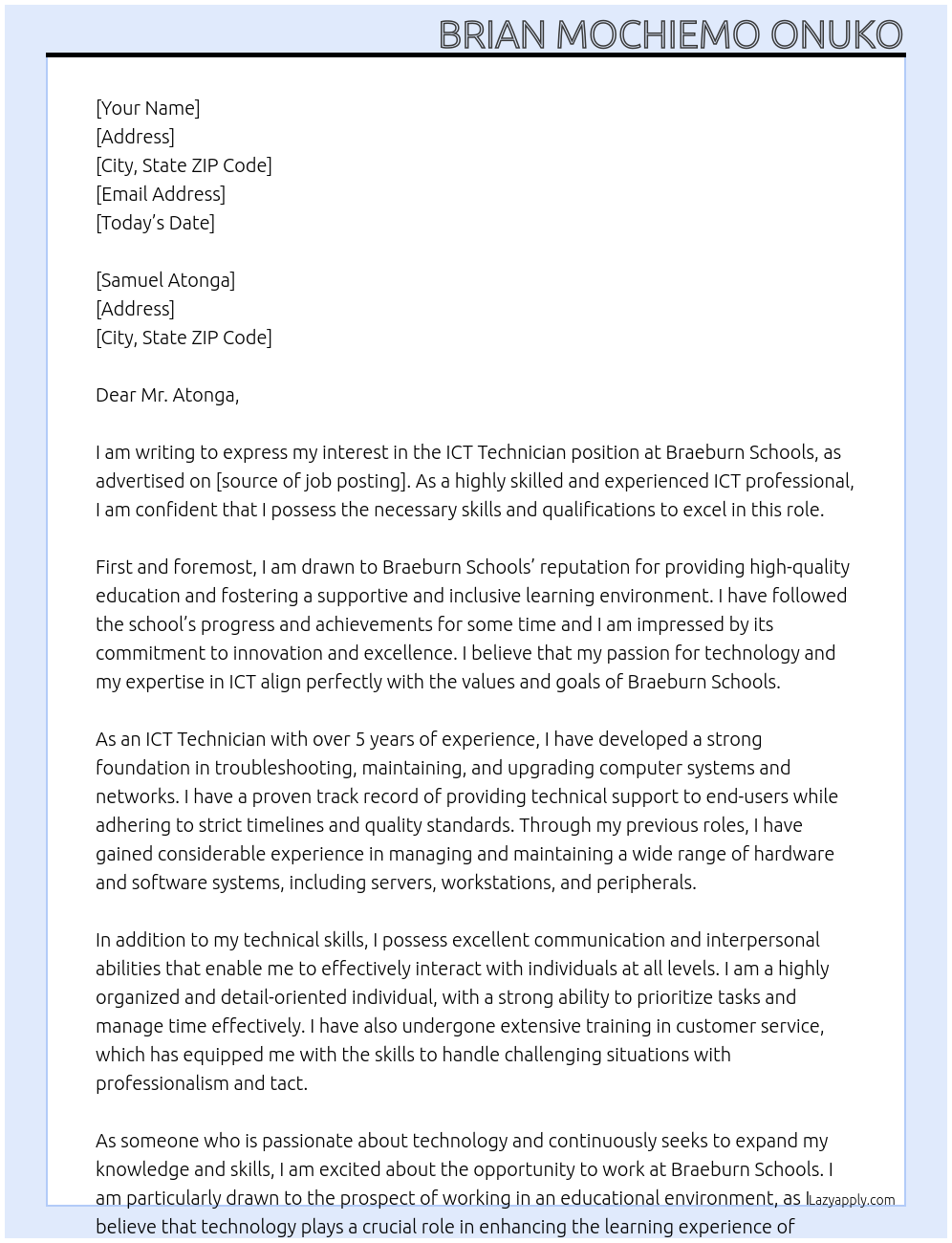 ict technician At Braeburn Schools Cover Letter