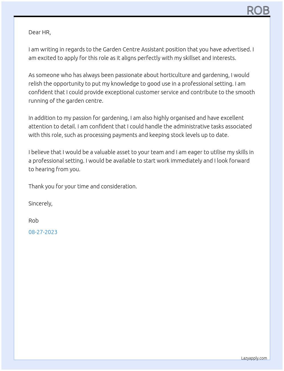 Garden Centre Assistant At Nunhead Gardener Cover Letter