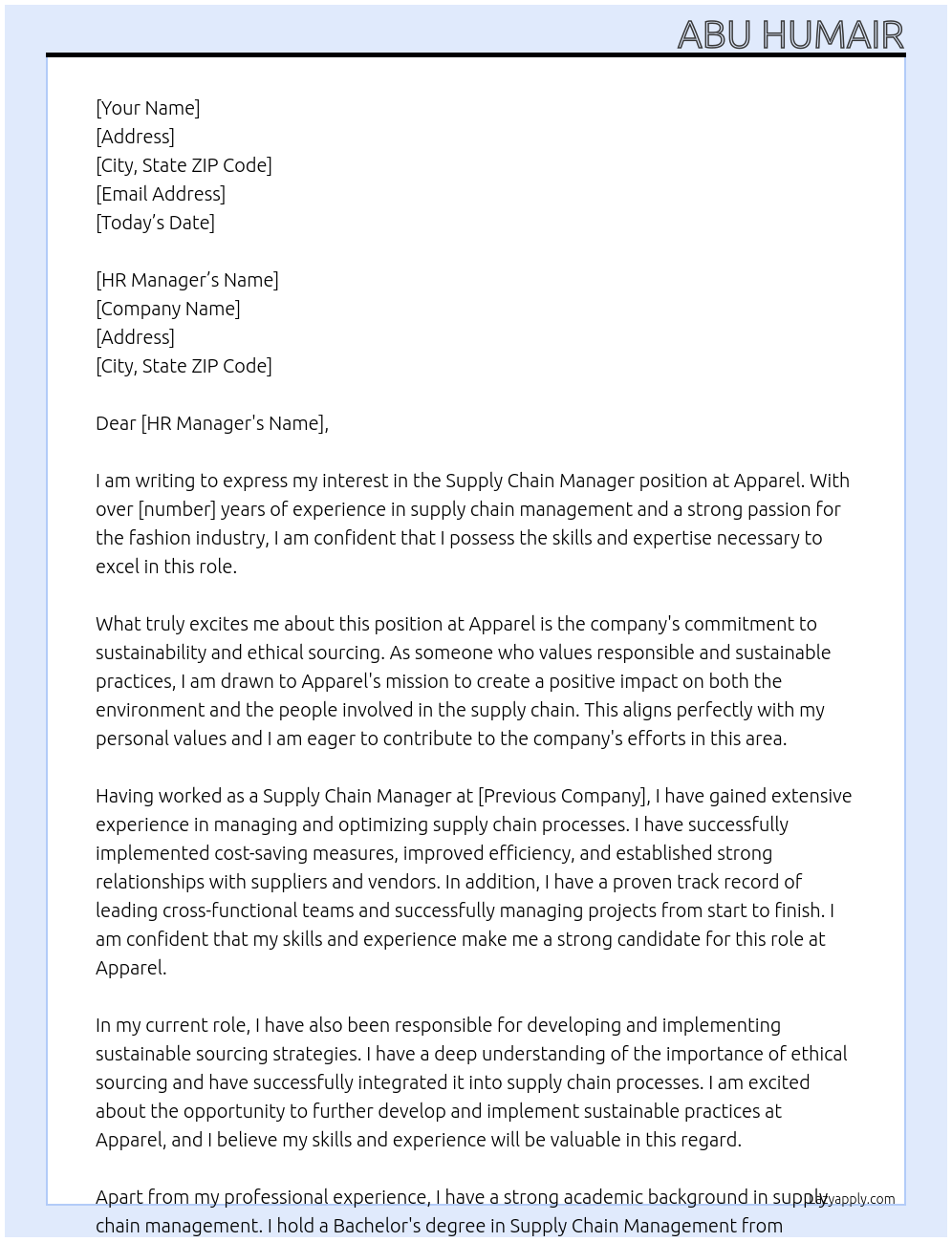Supply chain Manager At Apparel Cover Letter
