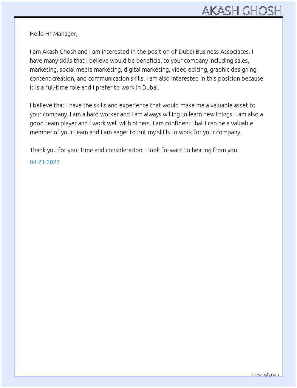 Dubai Business Associates  At Dubai Business Associates  Cover Letter