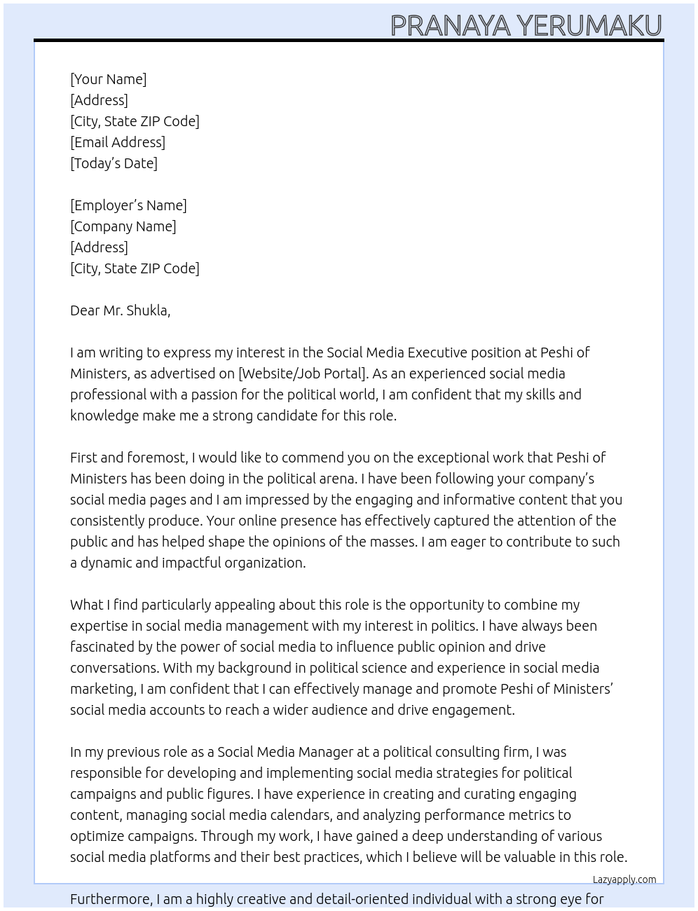 Social Media Executive At Peshi of Ministers Cover Letter