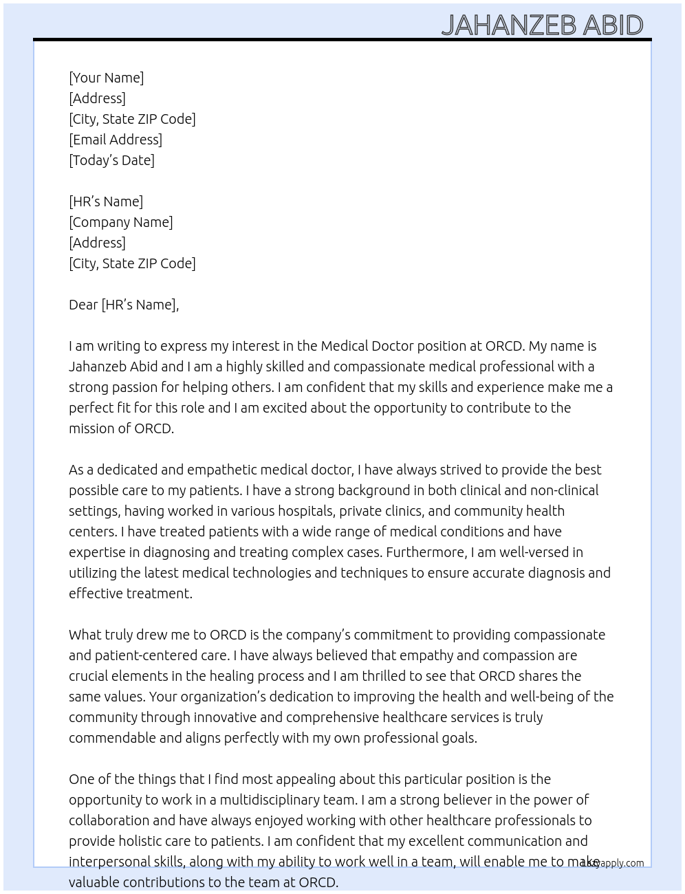 Medical Doctor At ORCD Cover Letter