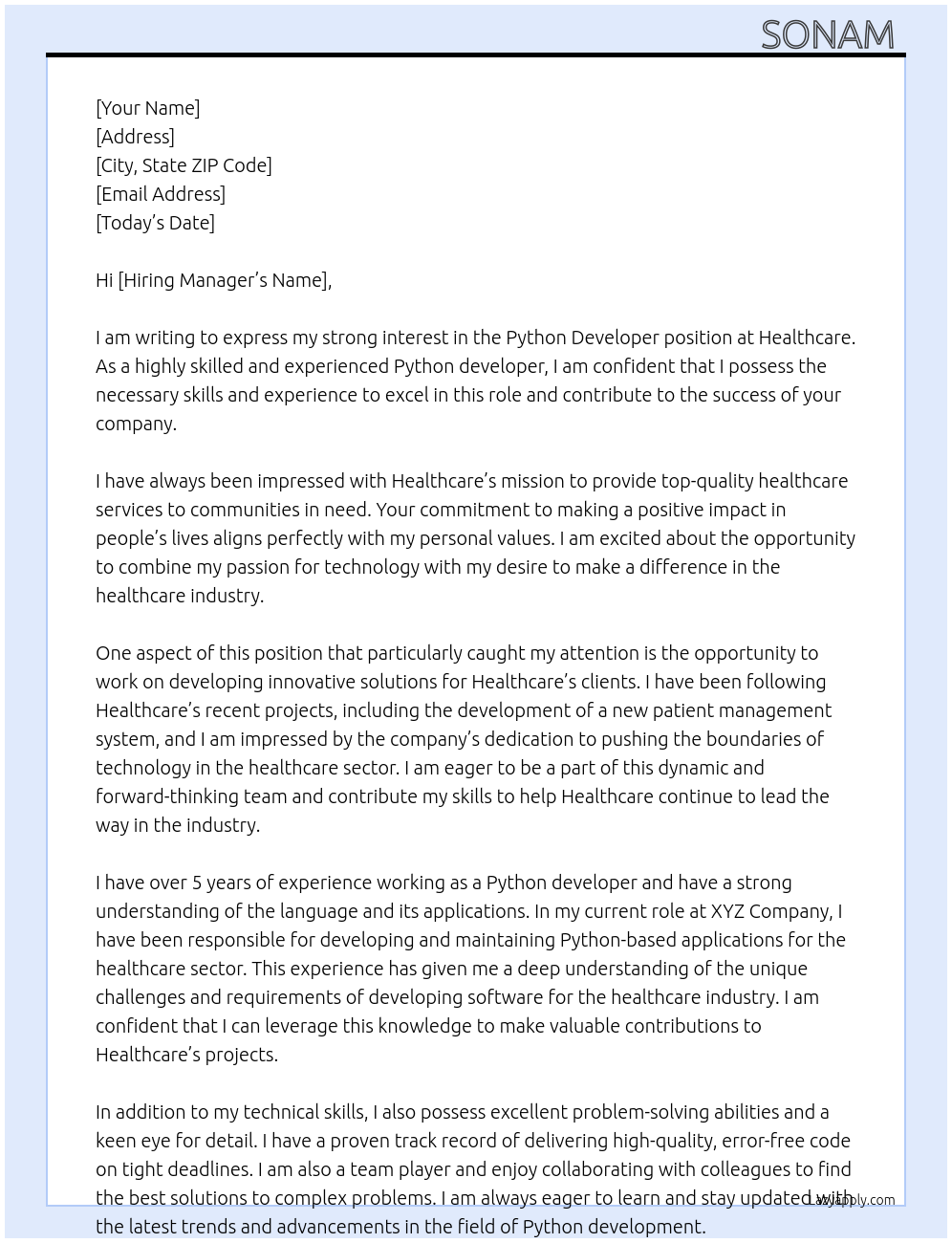 Python Developer At Healthcare Cover Letter