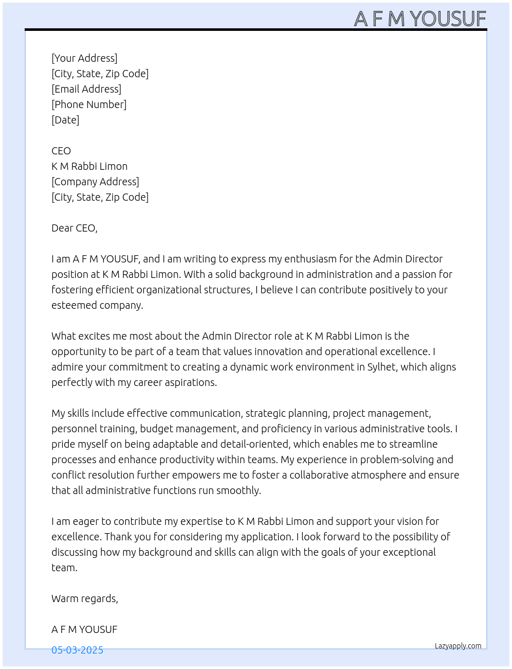 Admin Director At k m rabbi limon Cover Letter