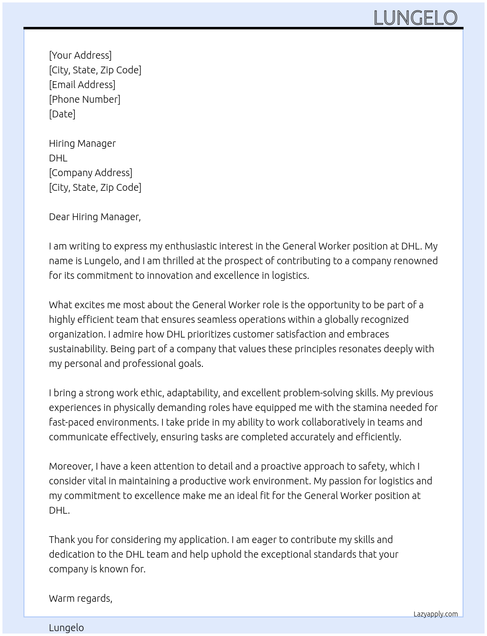 General Worker At DHL Cover Letter