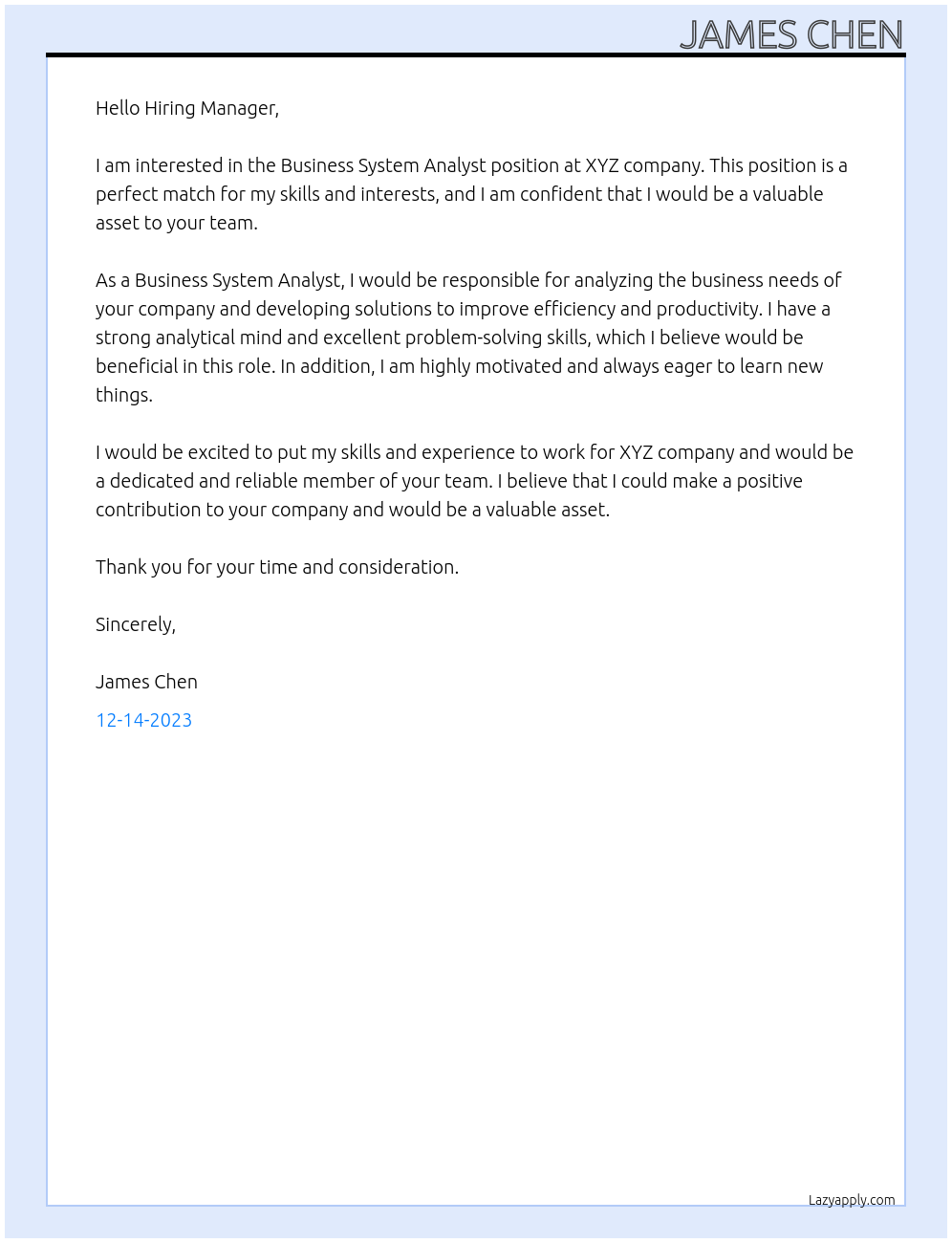 Business System Analyst At Xyz Cover Letter