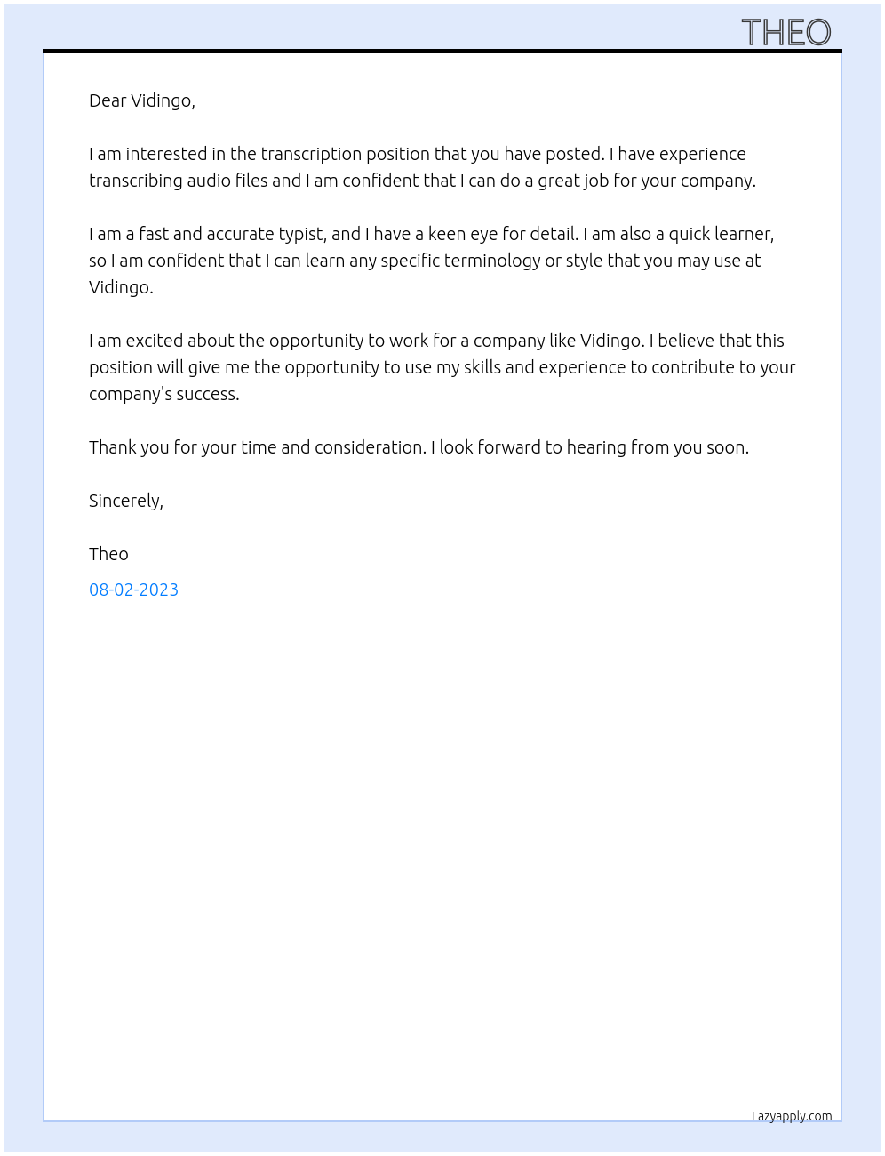 Transcription At Vidingo Cover Letter