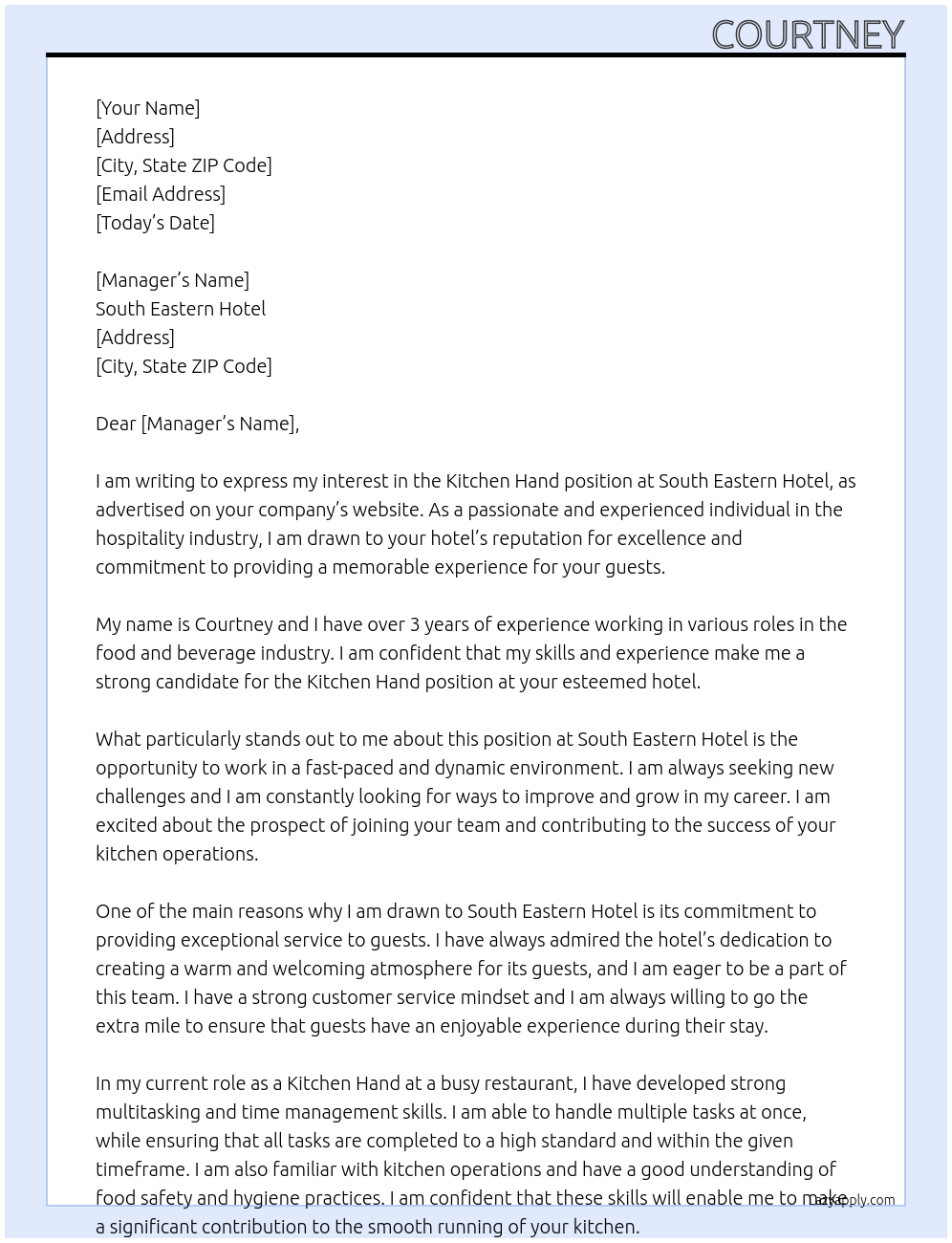 Kitchen Hand At South Eastern Hotel Cover Letter