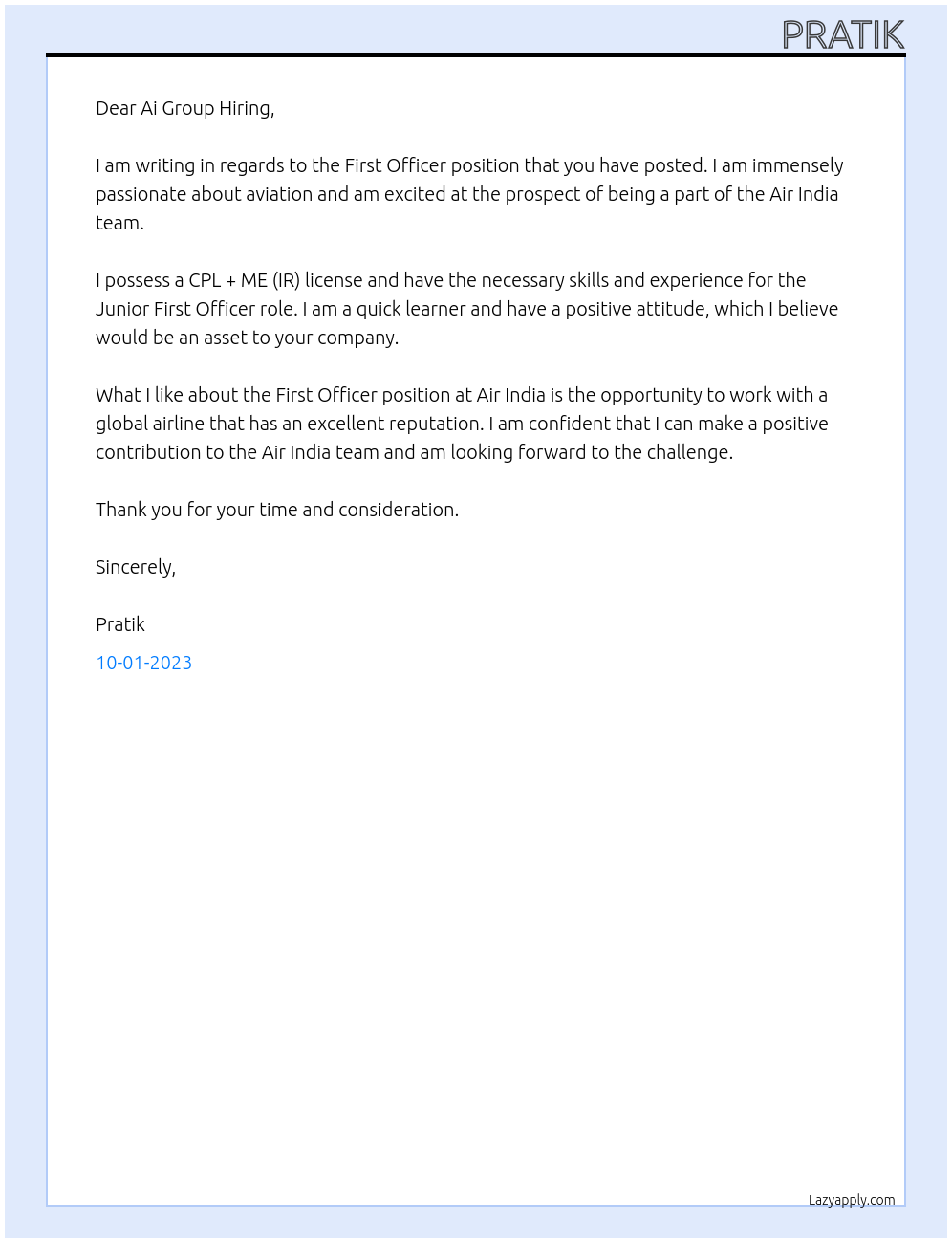 First Officer At Air India Cover Letter