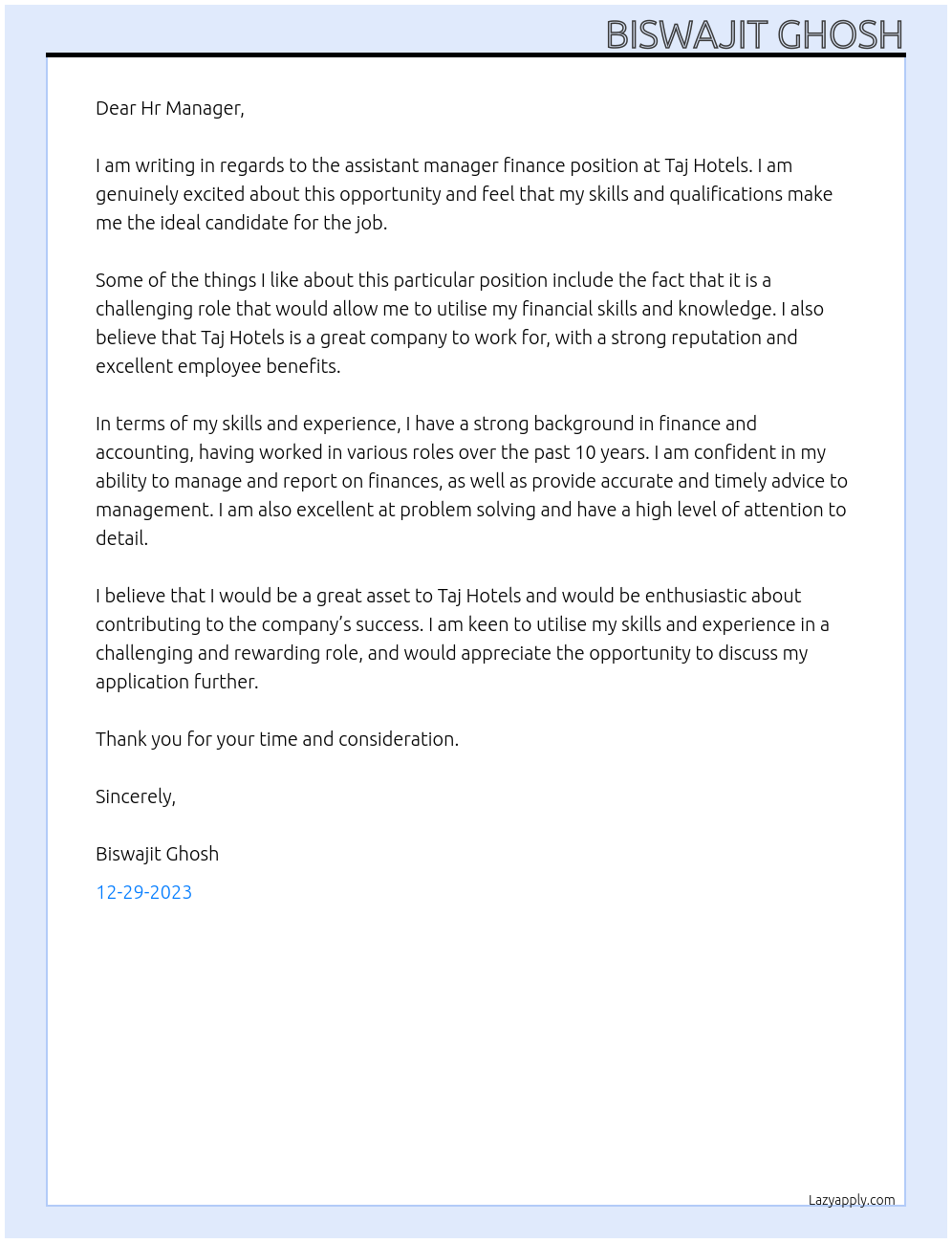 Assitant manager Finance At Taj Hotels Cover Letter