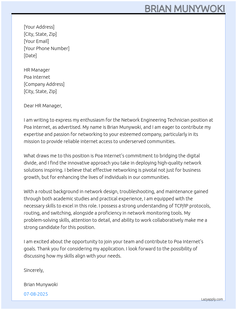 Cover letter for network engineering technician - LazyApply