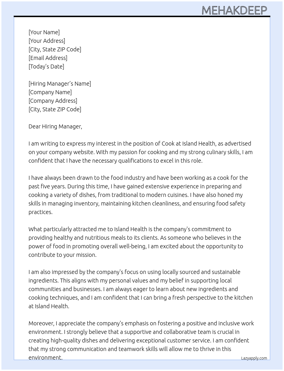 cook At Island health  Cover Letter