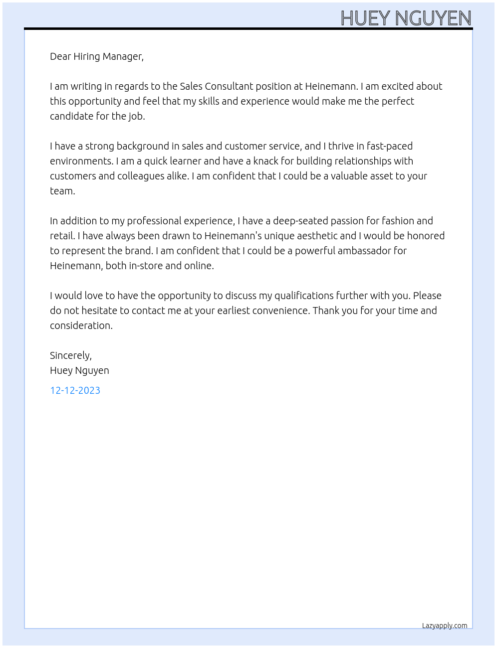 Sales Consultant At Heinemann Cover Letter