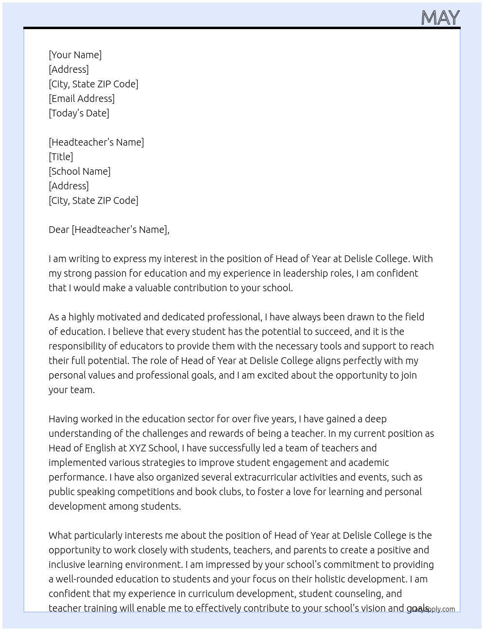 Head of year  At Delisle college  Cover Letter