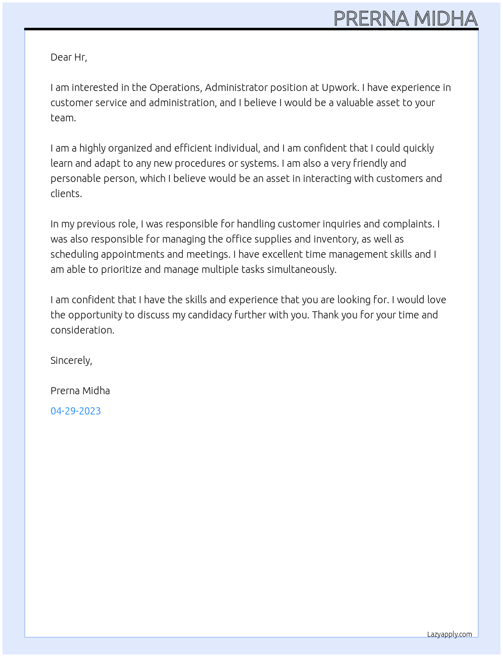 Operations, Administrator At Upwork Cover Letter