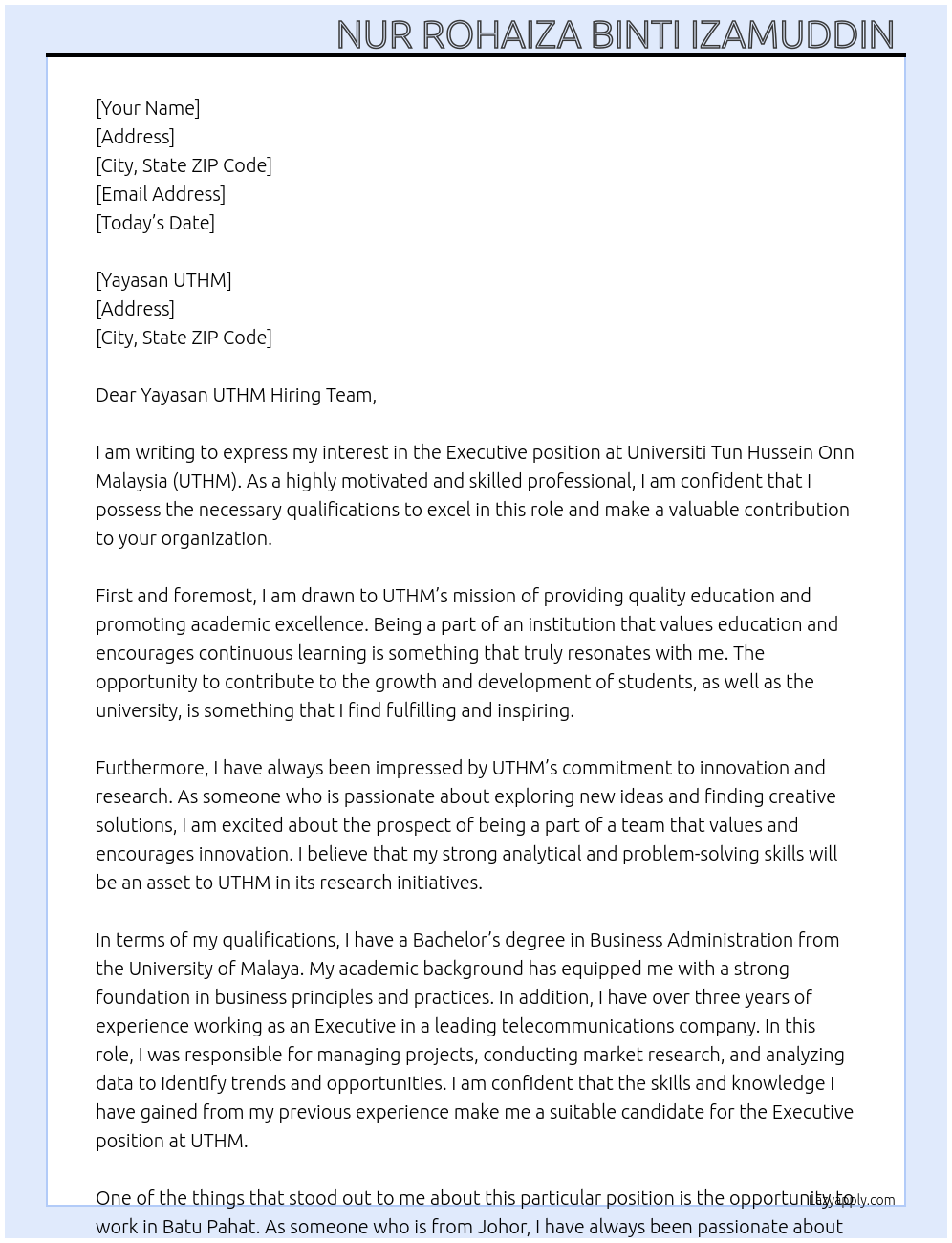 Executive At Universiti Tun Hussein Onn Malaysia (UTHM) Cover Letter