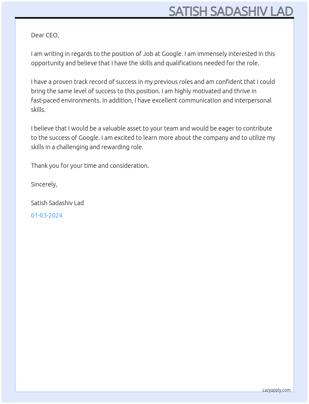 Job At Google Cover Letter