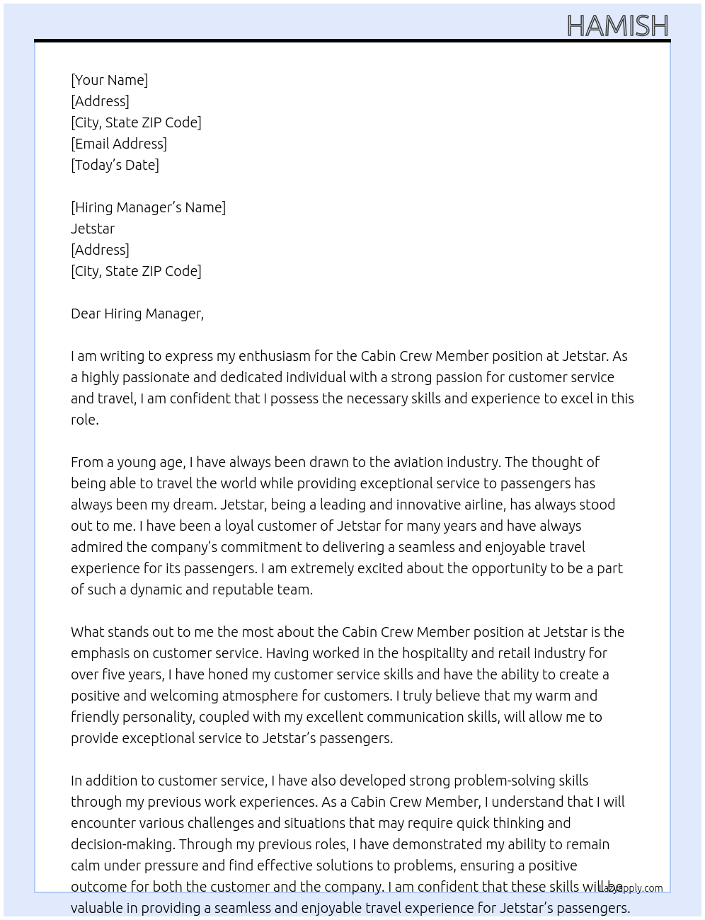 Cabin Crew member At Jetstar Cover Letter