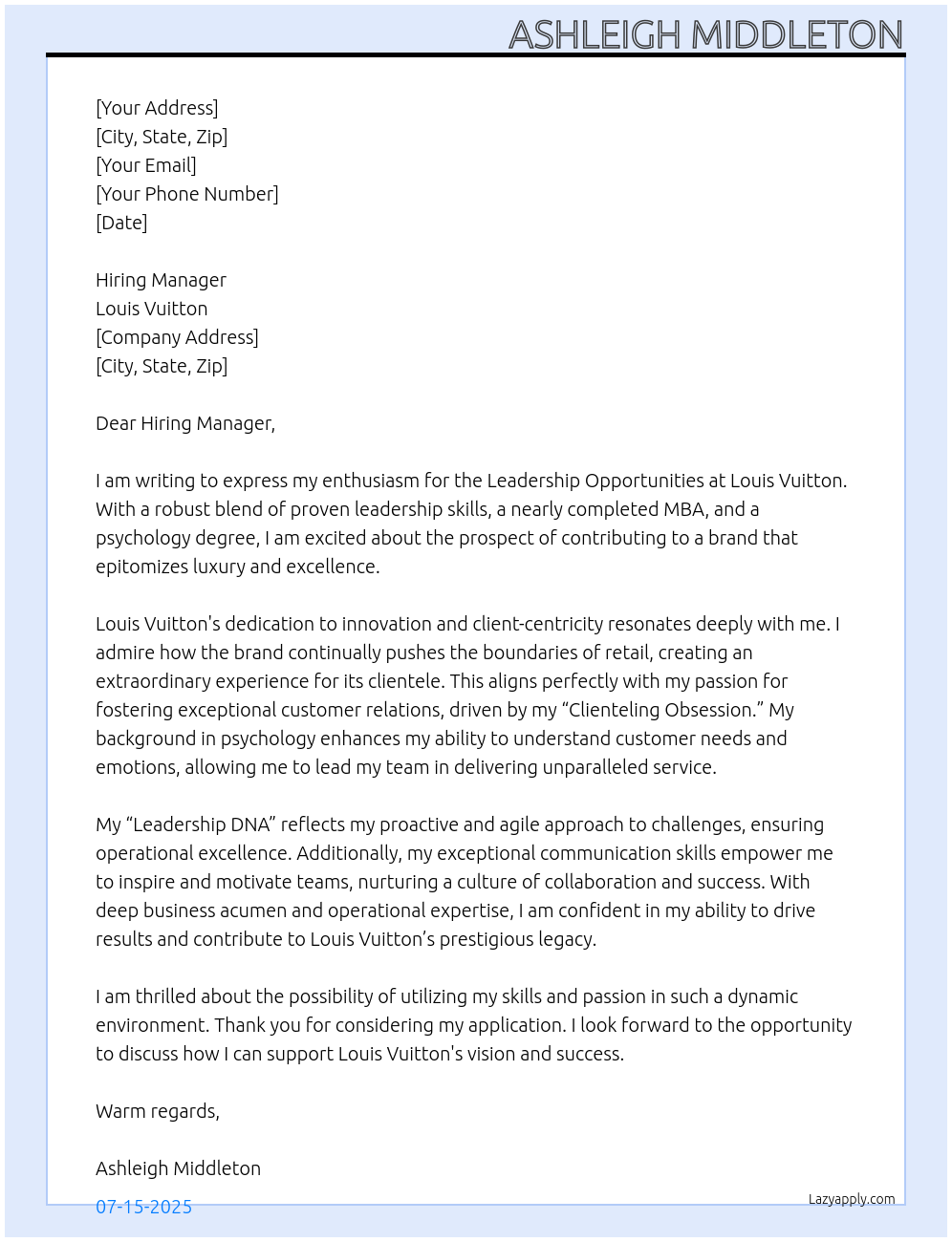 Leadership Opportunities At Louis Vuitton Cover Letter