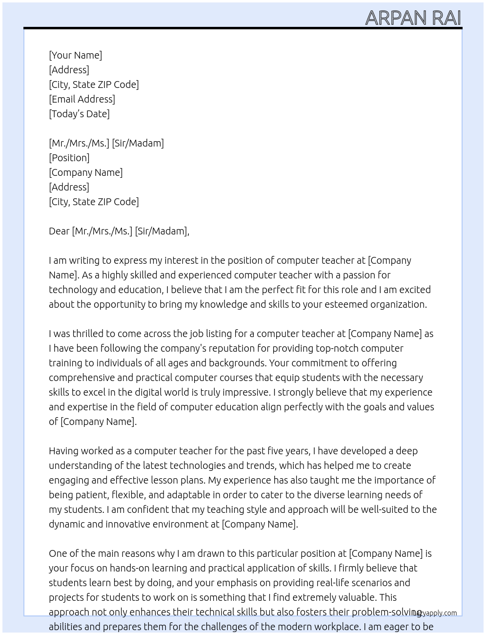 computer teacher At Computer training Cover Letter
