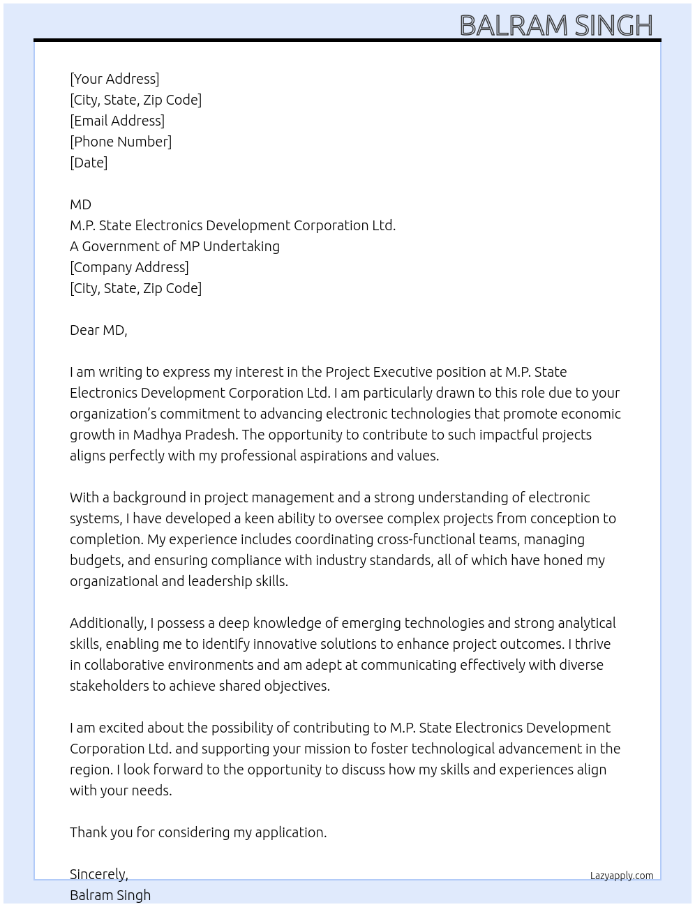 Project Executive At M.P. State Electronics Development Corporation Ltd. A Government of MP Undertaking mpsedc Cover Letter