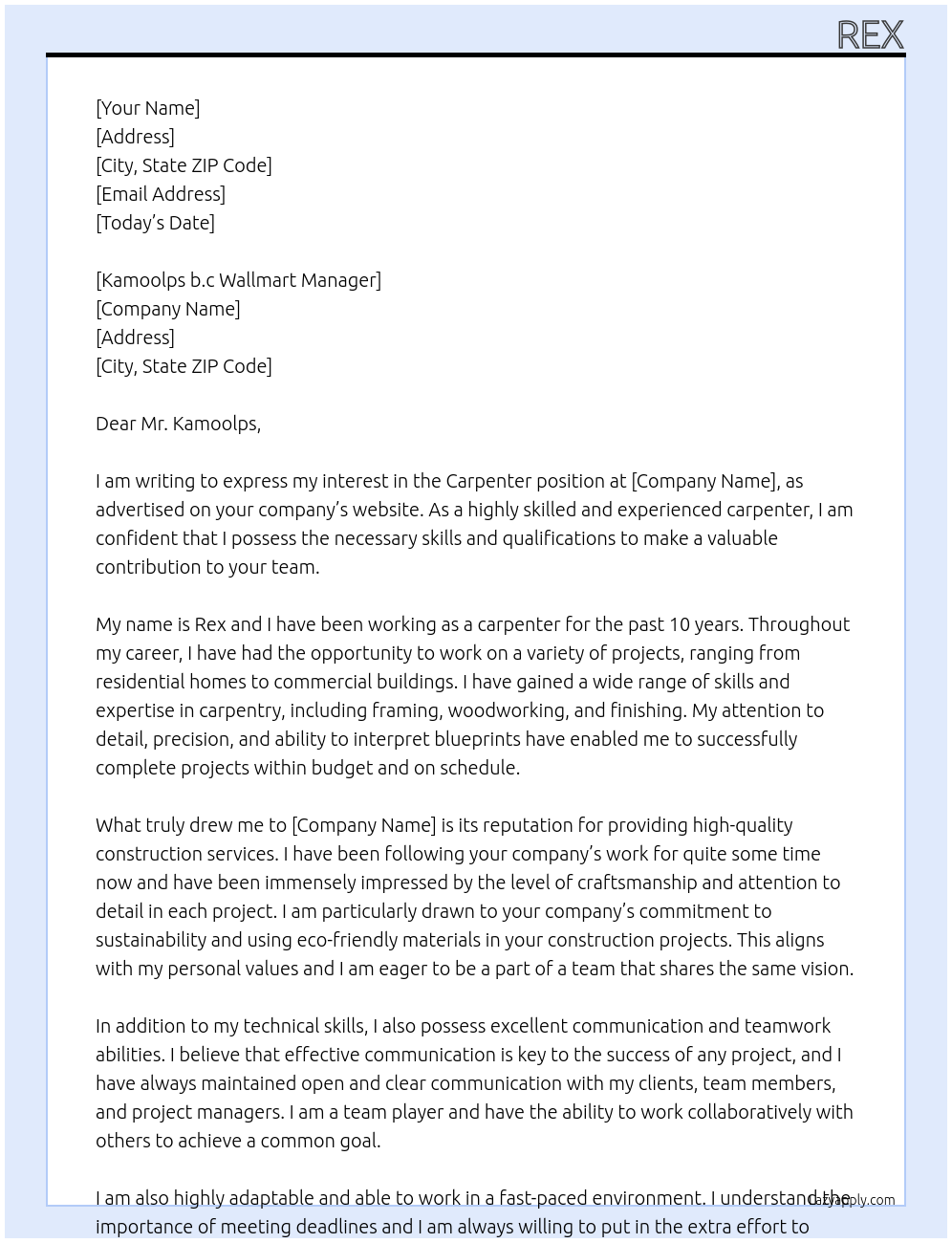 carpenter At Rex Cover Letter