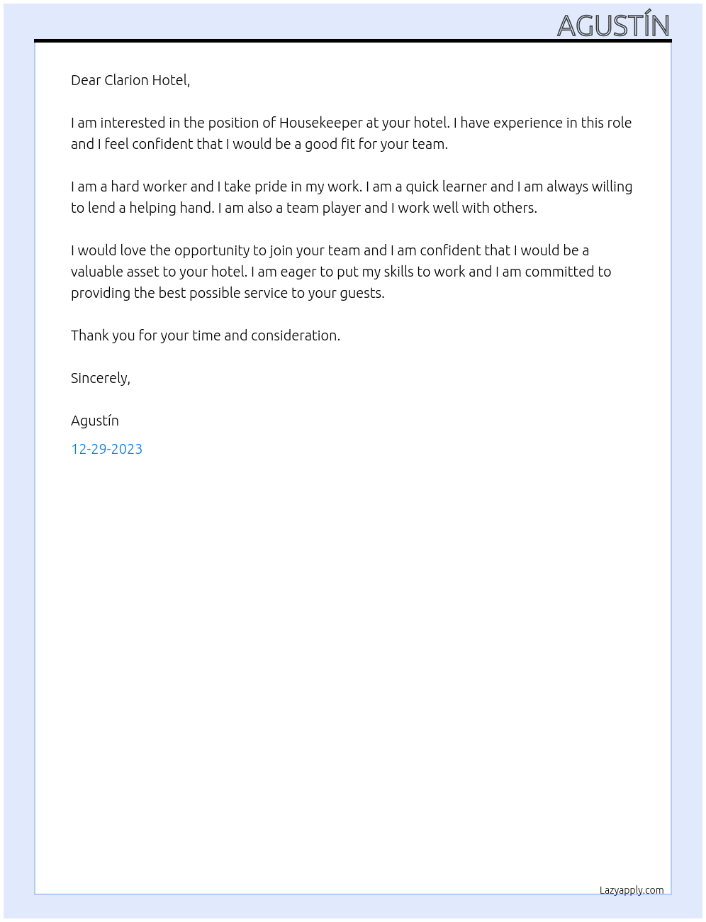 Housekeeper At Clarion Hotel, Hotel Cover Letter