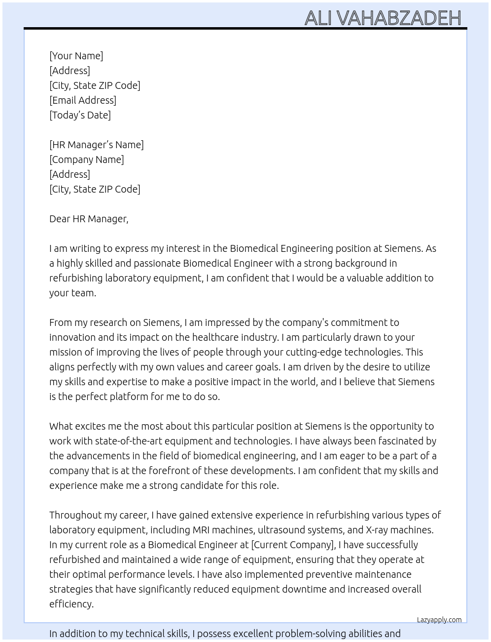 Biomedical engineering At Siemens Cover Letter