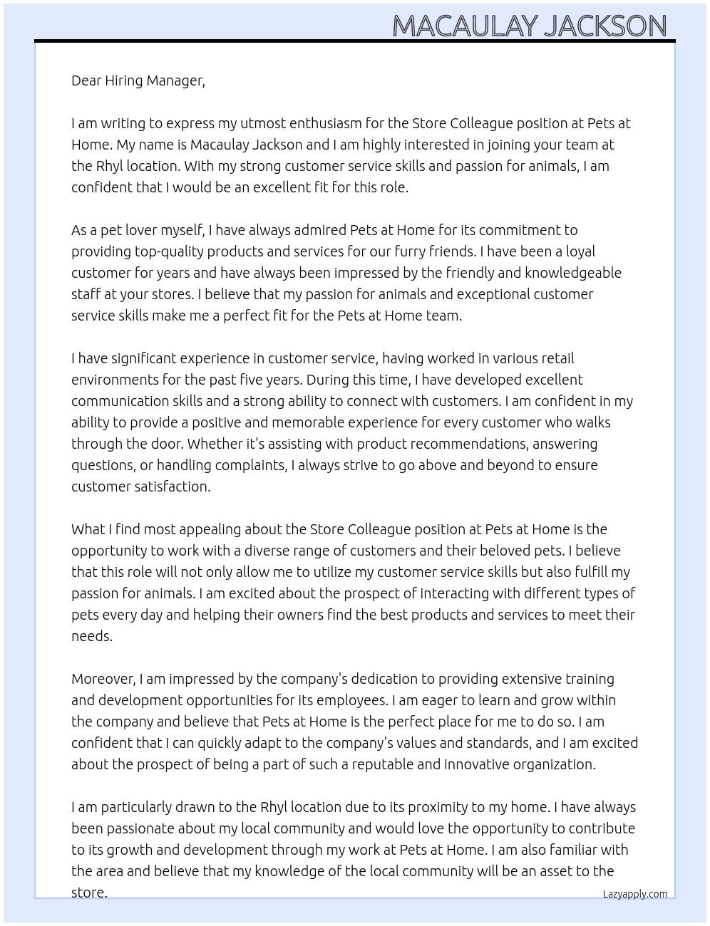 Store colleague  At Pets at home  Cover Letter