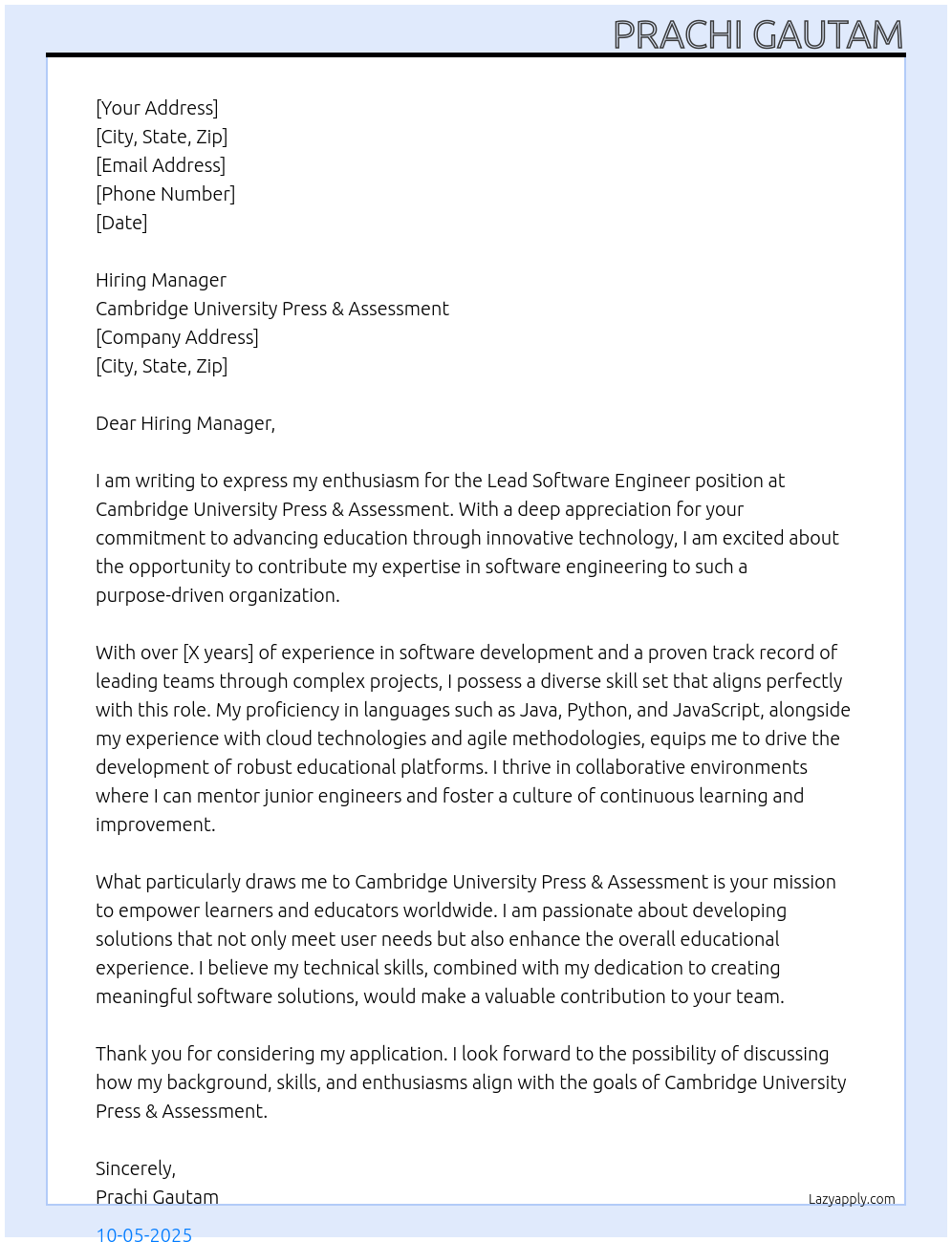 Cover letter for lead software engineer - LazyApply