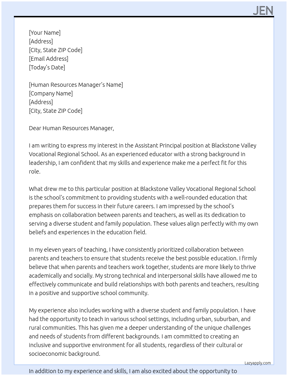 Assistant Prinicpal At Blackstone Valley Vocational Regional School Cover Letter