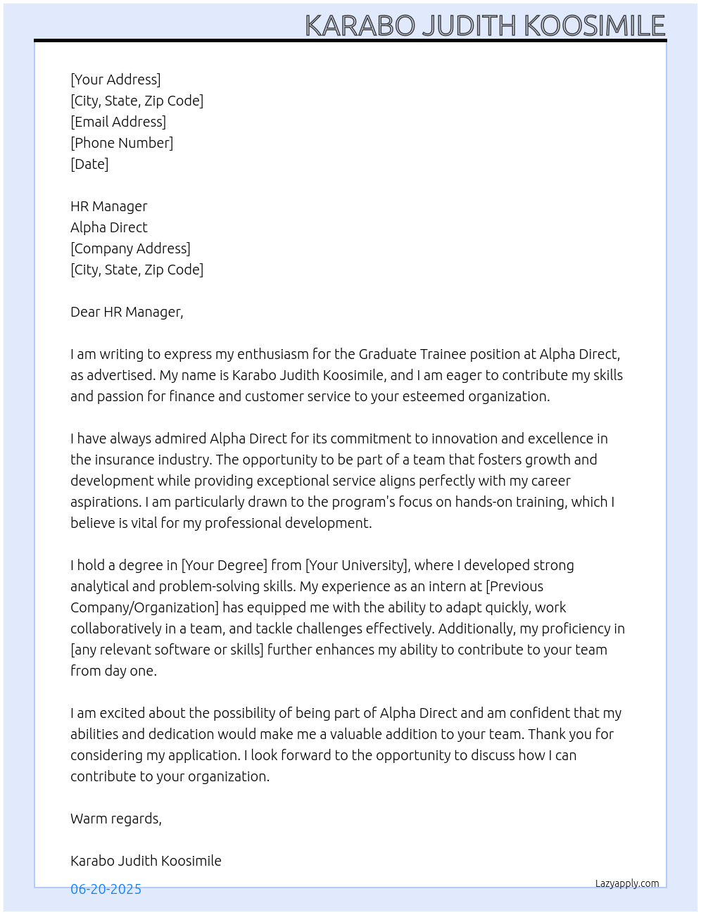 Graduate Trainee At Alpha Direct Cover Letter