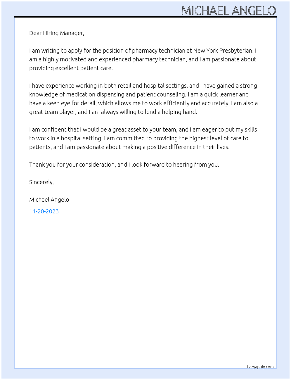 Pharmacy technician At New York Presbyterian Cover Letter