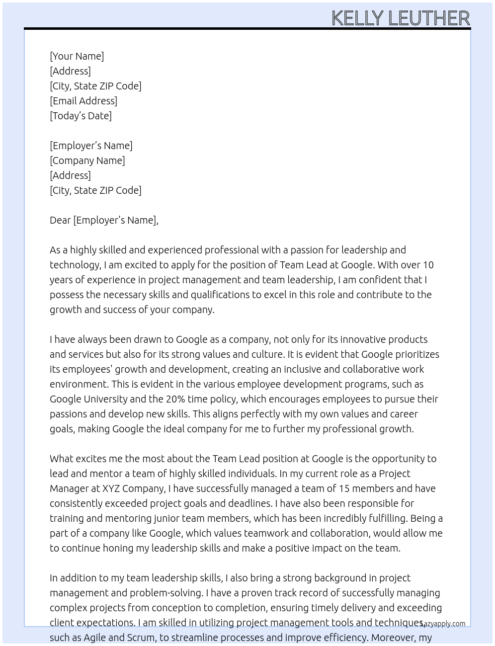 team lead At google Cover Letter