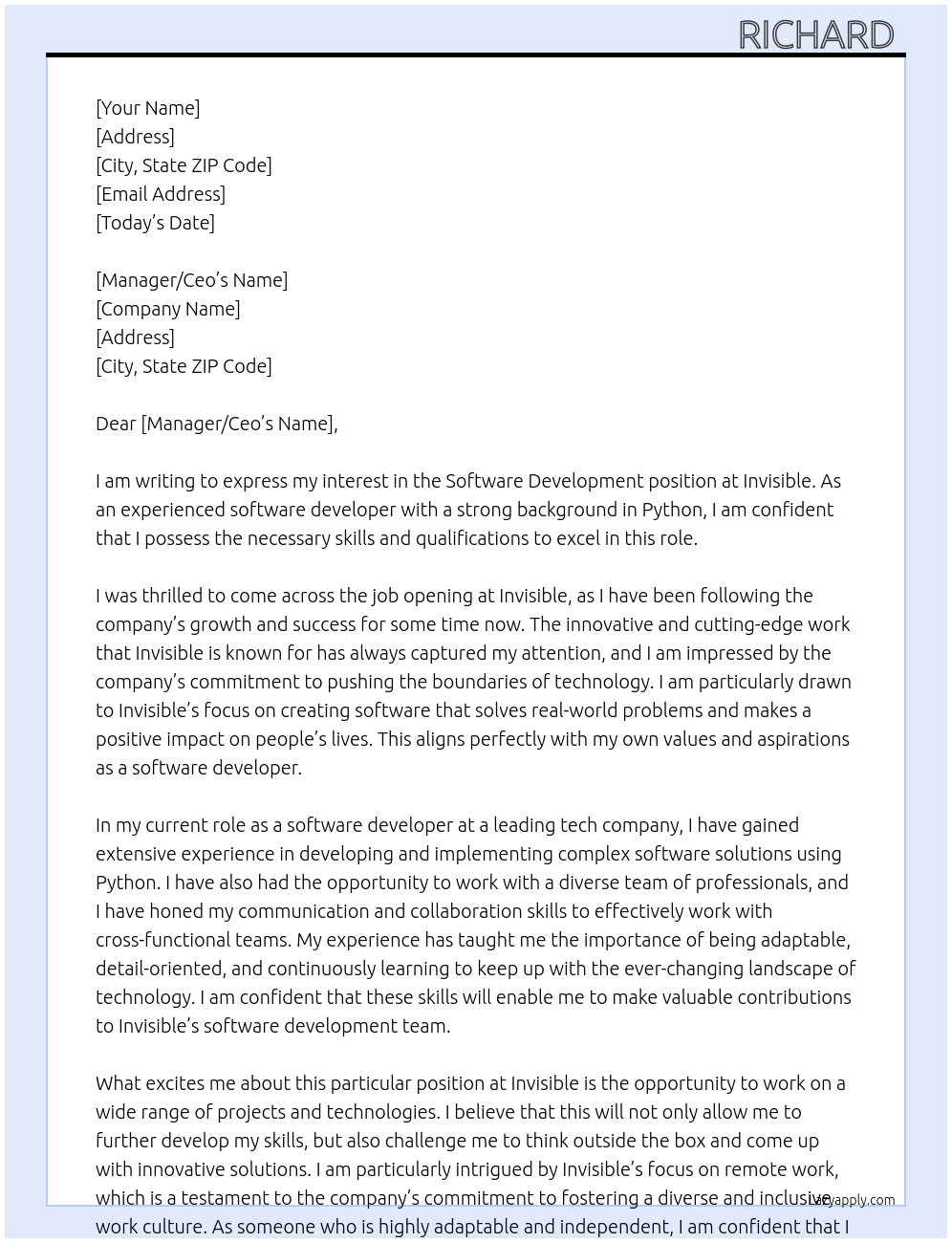 Software development At Invisible Cover Letter