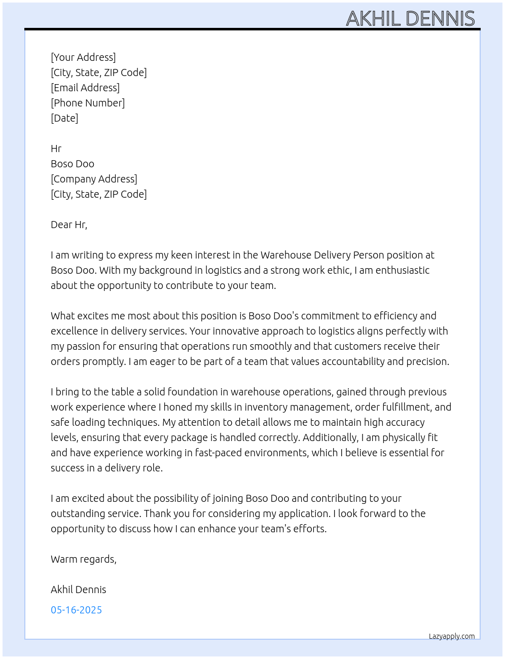 warehouse At boso doo Cover Letter