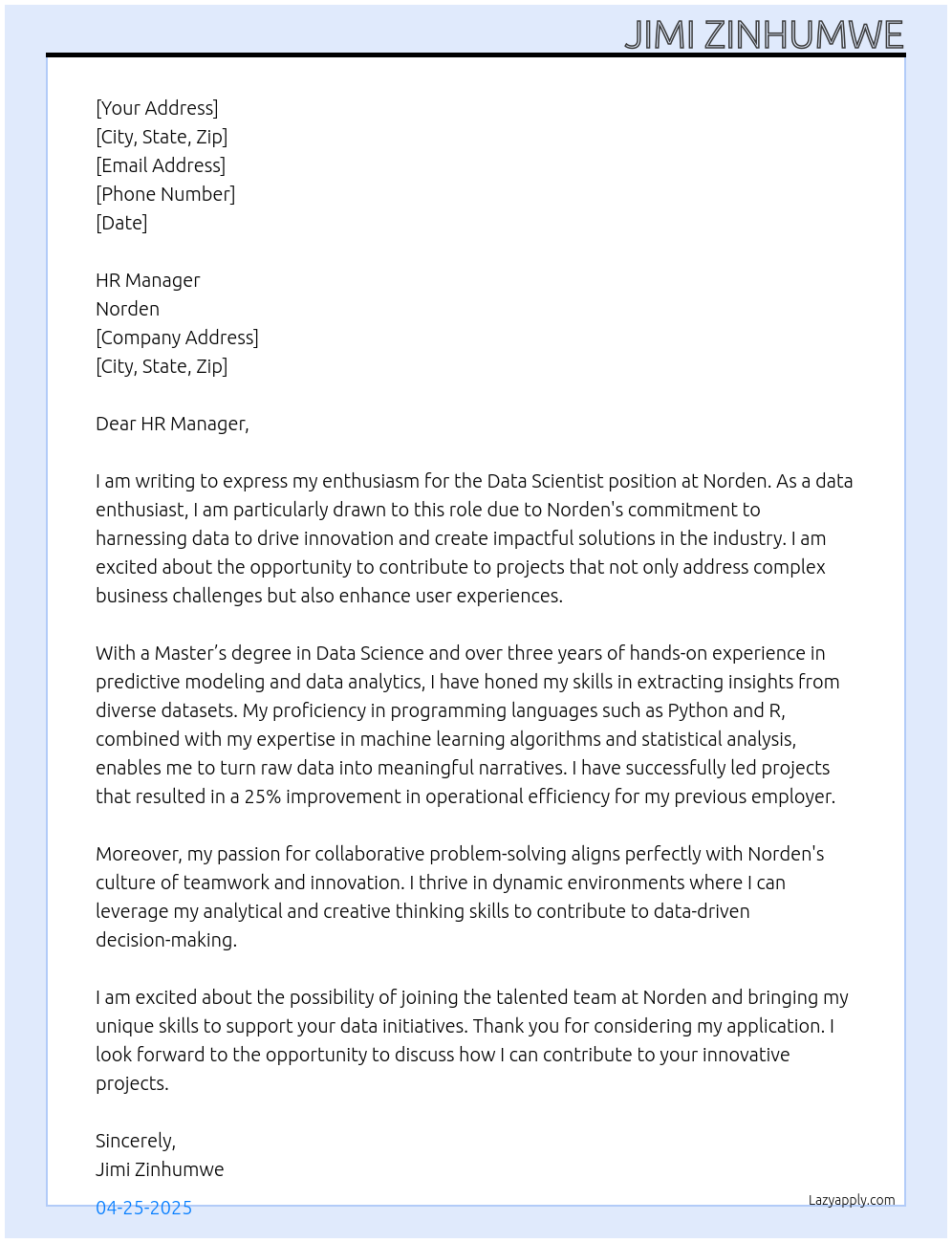 Data scientist At Norden. Cover Letter