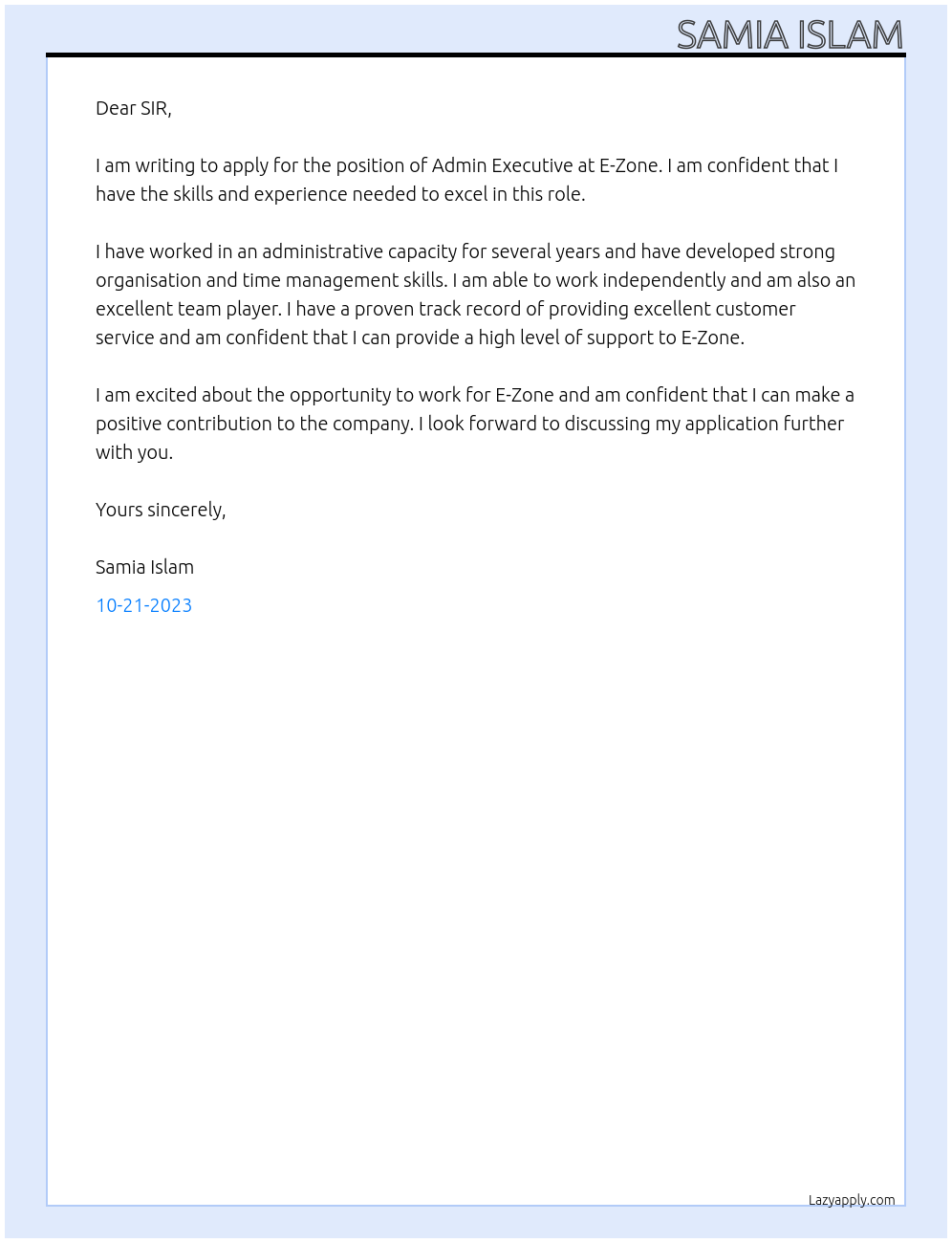 Admin Executive At E- Zone Cover Letter