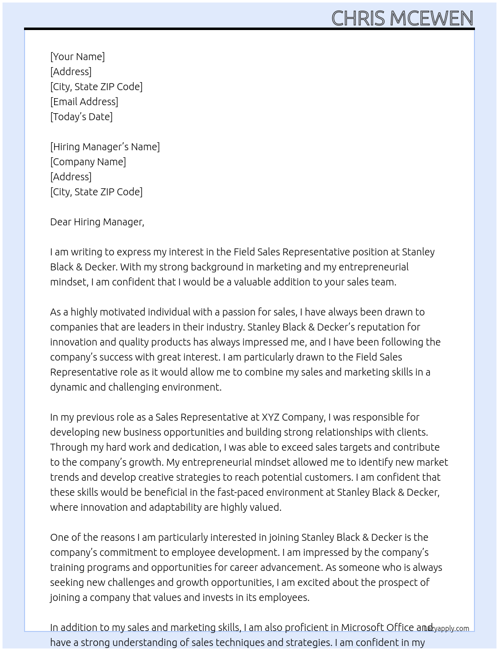 field Sales representative At Stanley Black & Decker Cover Letter