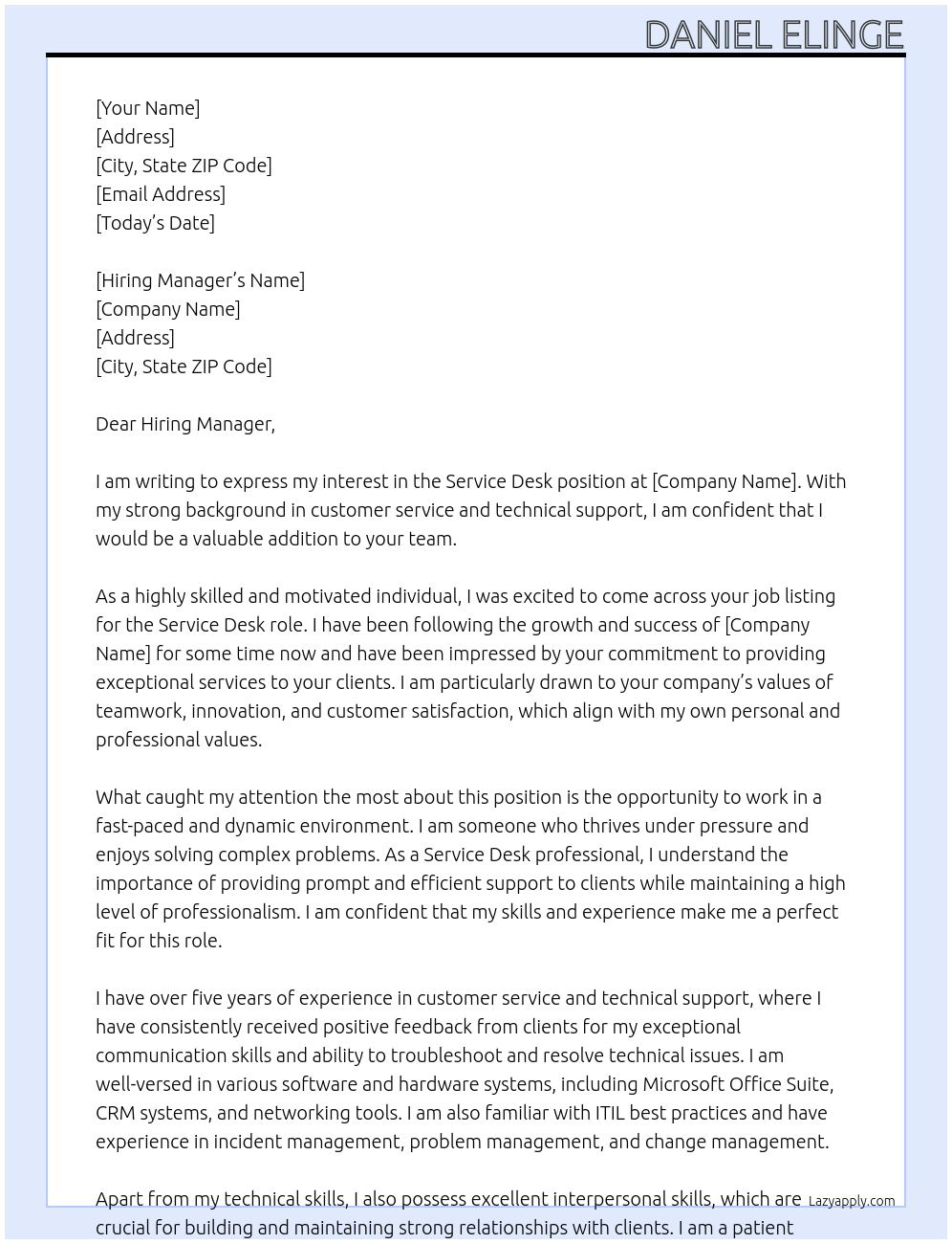 Service Desk At company Cover Letter
