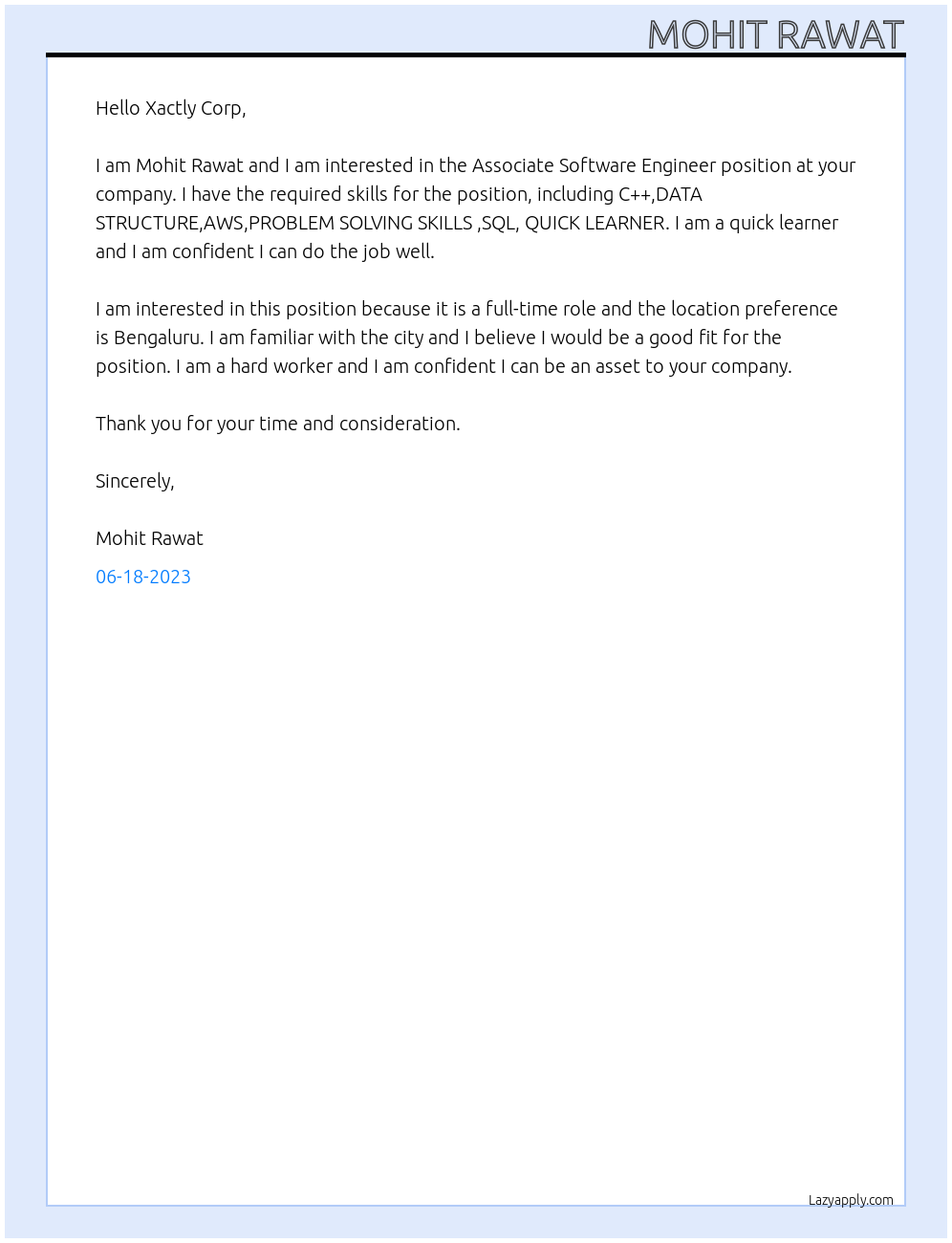 Associate software engineer  At Xactly corp Cover Letter