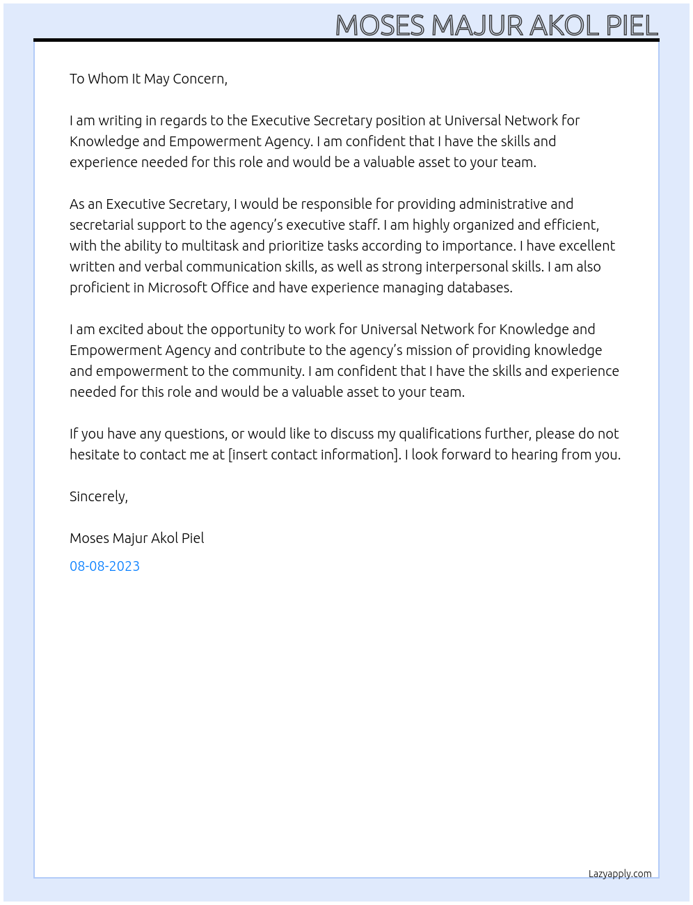 Executive Secretary  At Universal Network for Knowledge and Empowerment Agency Cover Letter