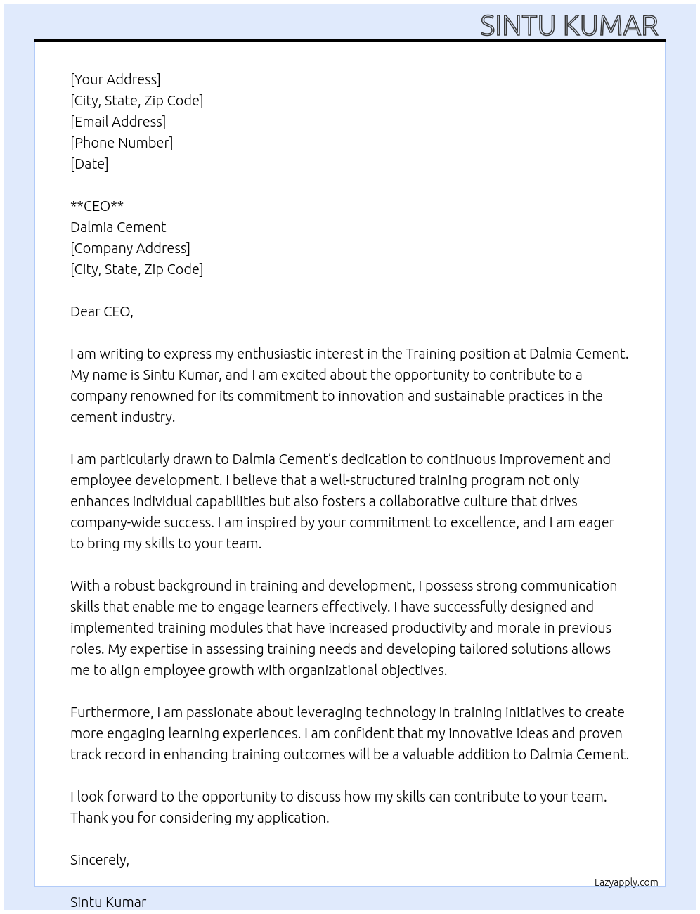 Training At Dalmia cement  Cover Letter