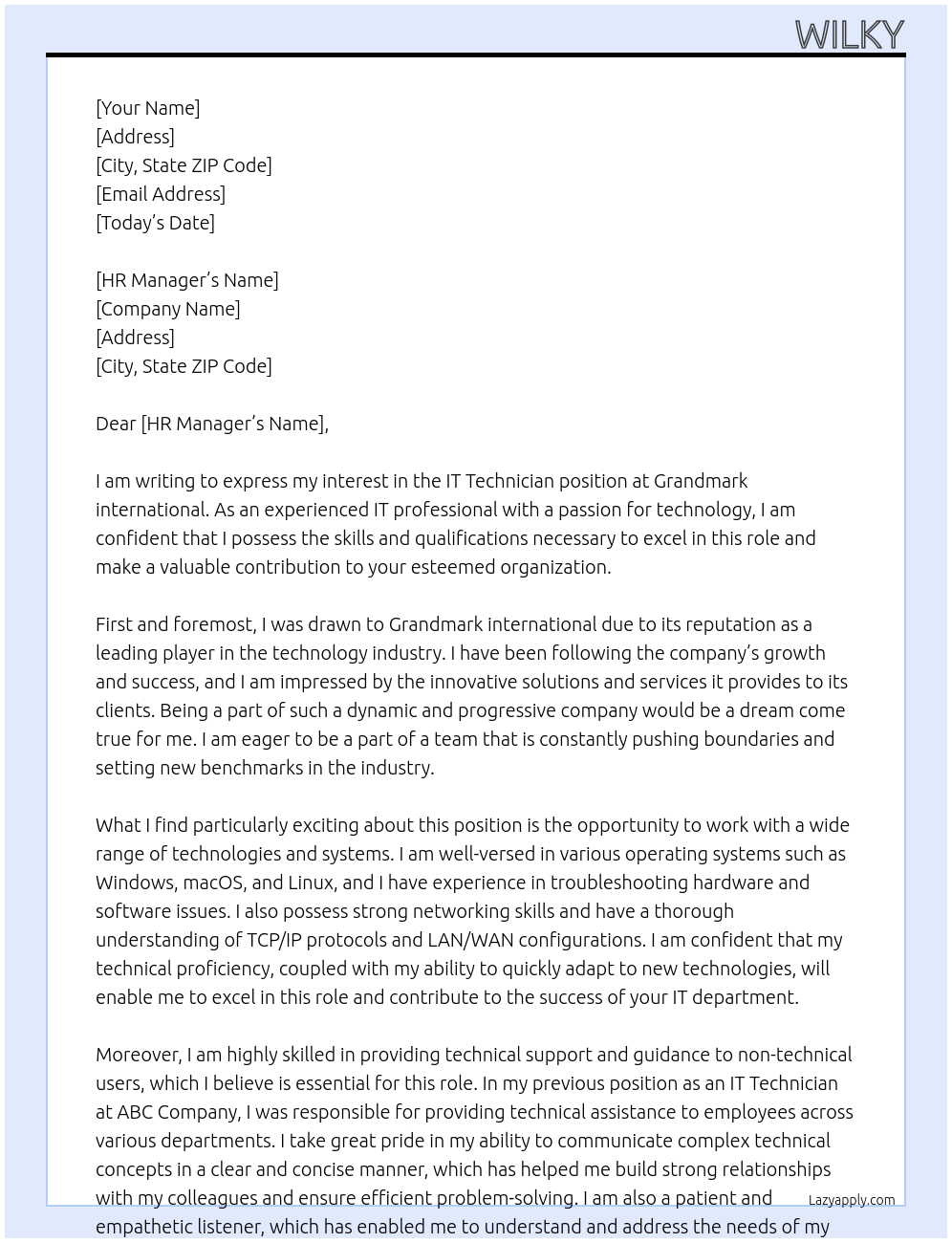 IT Technician At Grandmark international Cover Letter